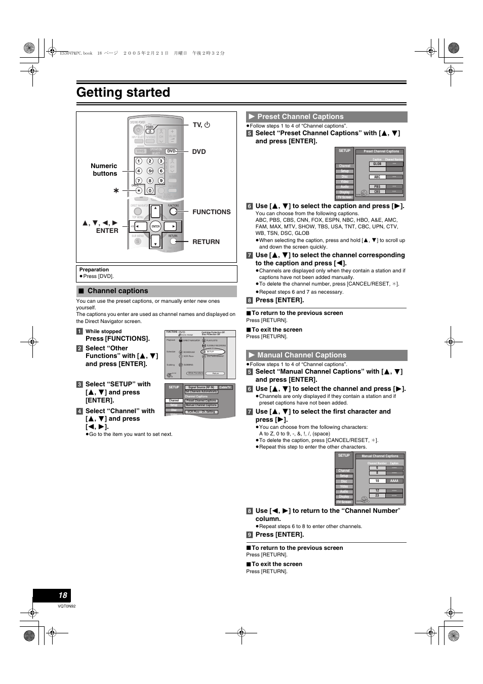 Channel captions, Preset channel captions - manual channel captions, Getting started | Press, 8] press [enter, 9] press [enter, Numeric buttons, 3 , 4 , 2 , 1 enter tv, í dvd functions return | Panasonic DMR-ES30V User Manual | Page 18 / 84