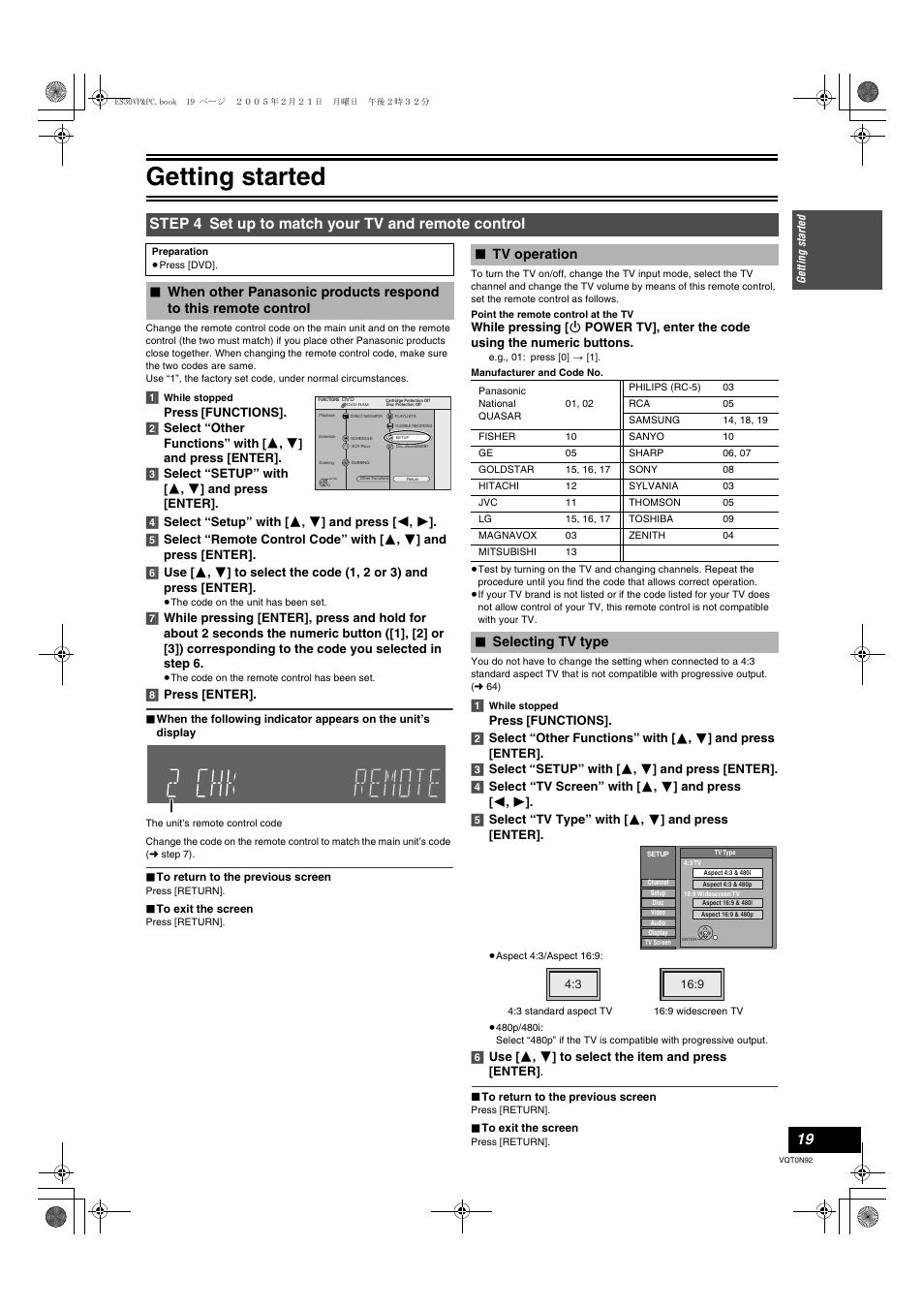 Step 4 set up to match your tv and remote control, When other panasonic products respond to, This remote control | Tv operation ≥selecting tv type, L 19, L 19), Getting started, Tv operation, Selecting tv type | Panasonic DMR-ES30V User Manual | Page 19 / 84