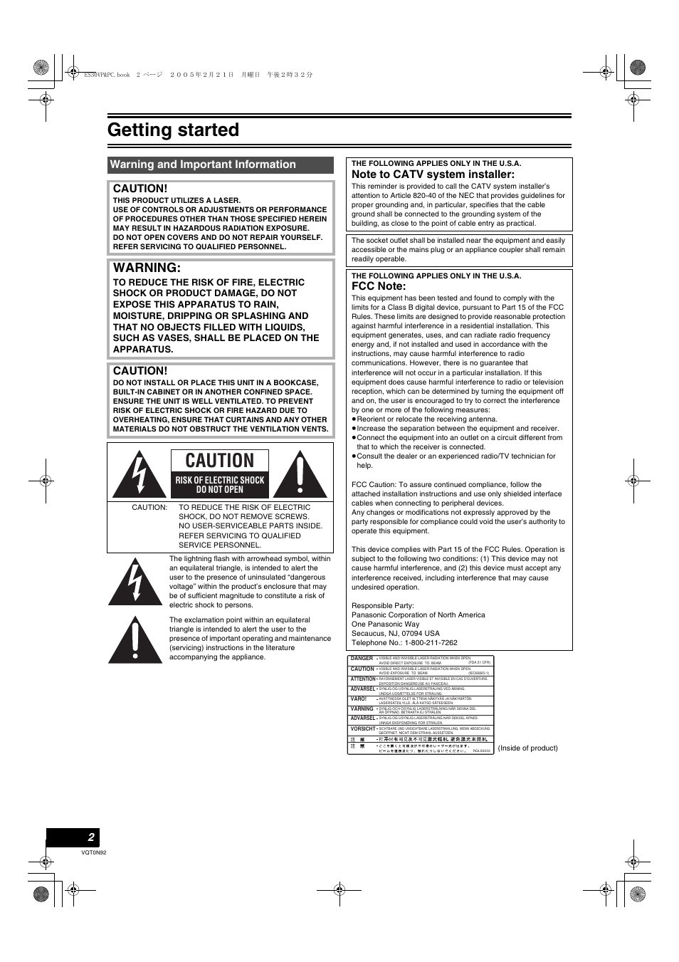 Warning and important information, Getting started, Warning | Warning and important information caution, Caution | Panasonic DMR-ES30V User Manual | Page 2 / 84