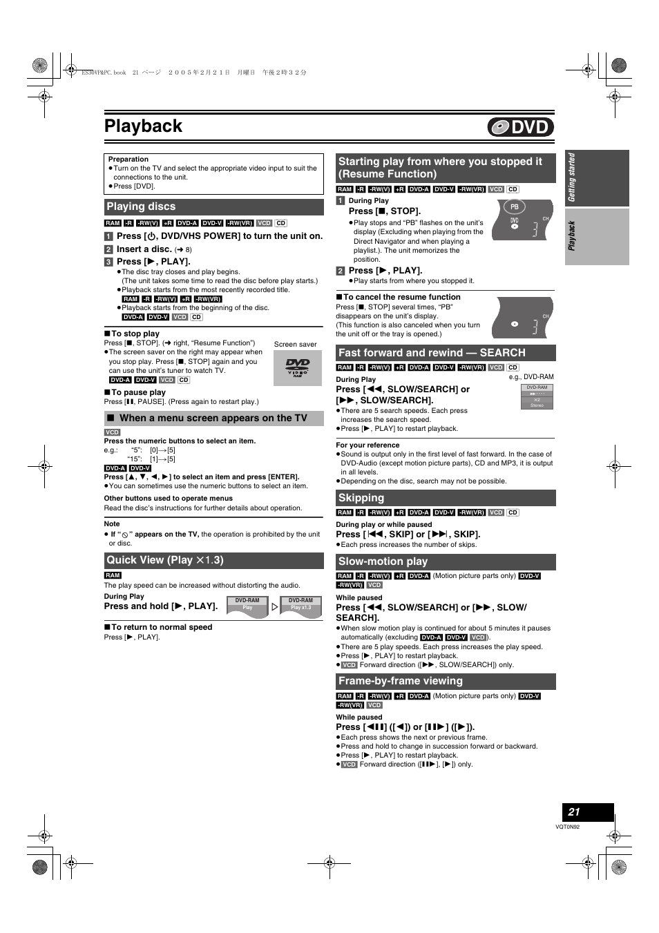 Playback, Playing discs, Quick view (play x 1.3) | Fast forward and rewind - search, Skipping, Slow-motion play, Frame-by-frame viewing, L 21, When a menu screen appears on the tv, Quick view (play | Panasonic DMR-ES30V User Manual | Page 21 / 84