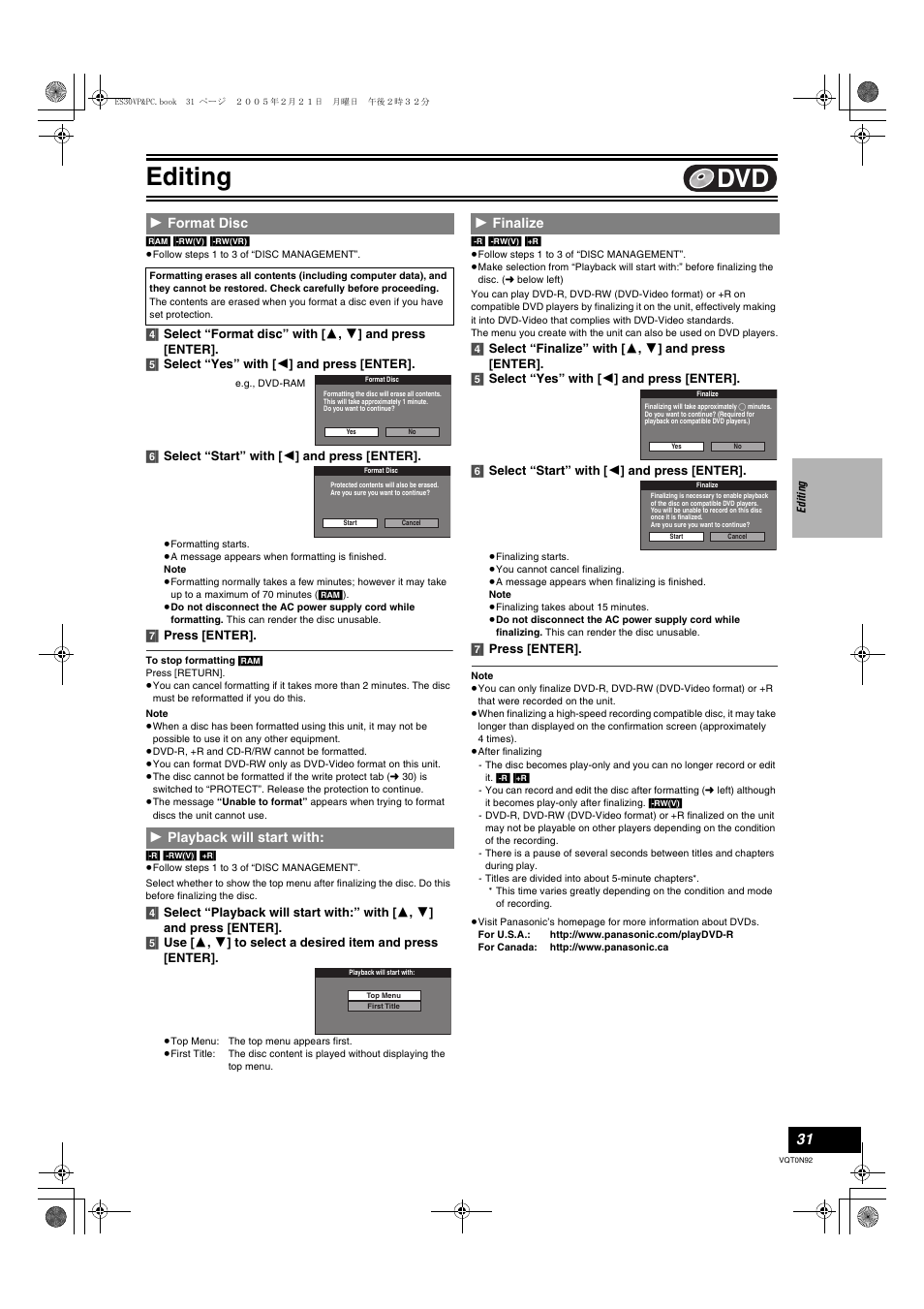 L 31), Format disc - playback will start with: - finalize, L 31 | L 31) t, L 31, “format disc”), Editing | Panasonic DMR-ES30V User Manual | Page 31 / 84