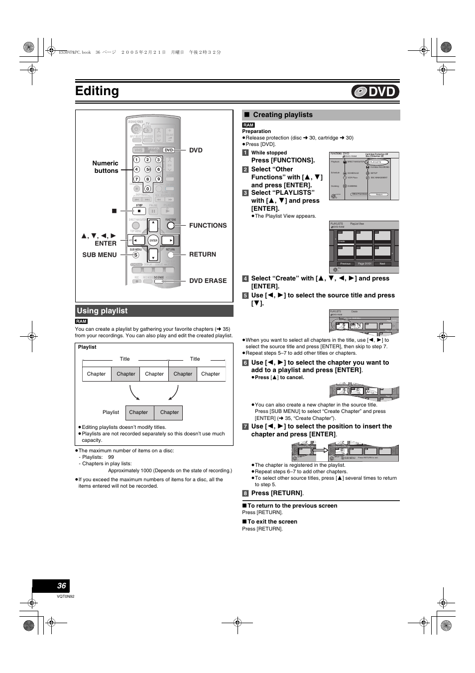 Using playlist, Creating playlists, Editing | 8] press [return, Numeric buttons | Panasonic DMR-ES30V User Manual | Page 36 / 84