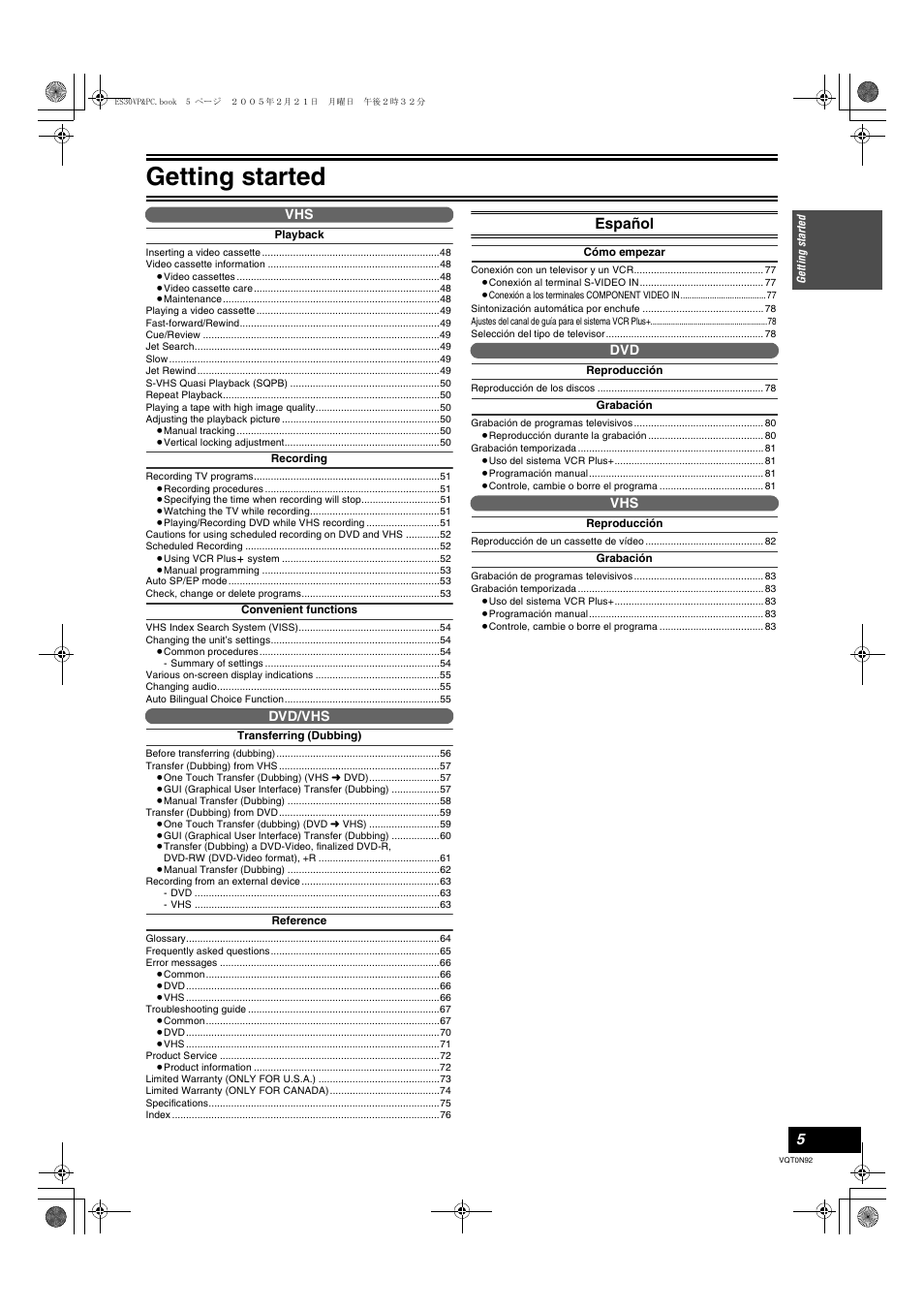 Getting started, Español | Panasonic DMR-ES30V User Manual | Page 5 / 84