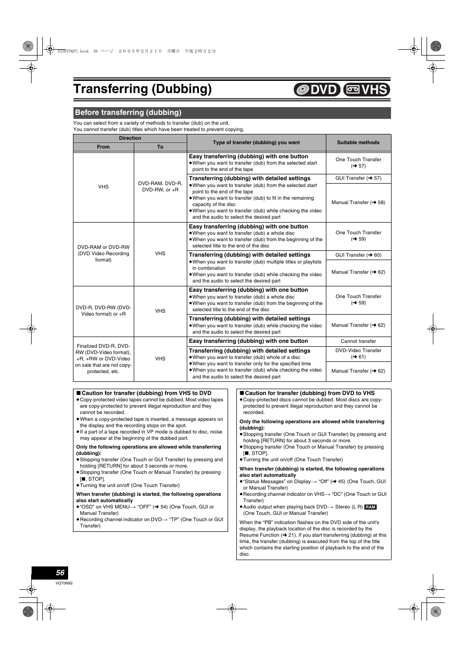 Transferring (dubbing), Before transferring (dubbing), Dvd/vhs | Vhs dvd | Panasonic DMR-ES30V User Manual | Page 56 / 84