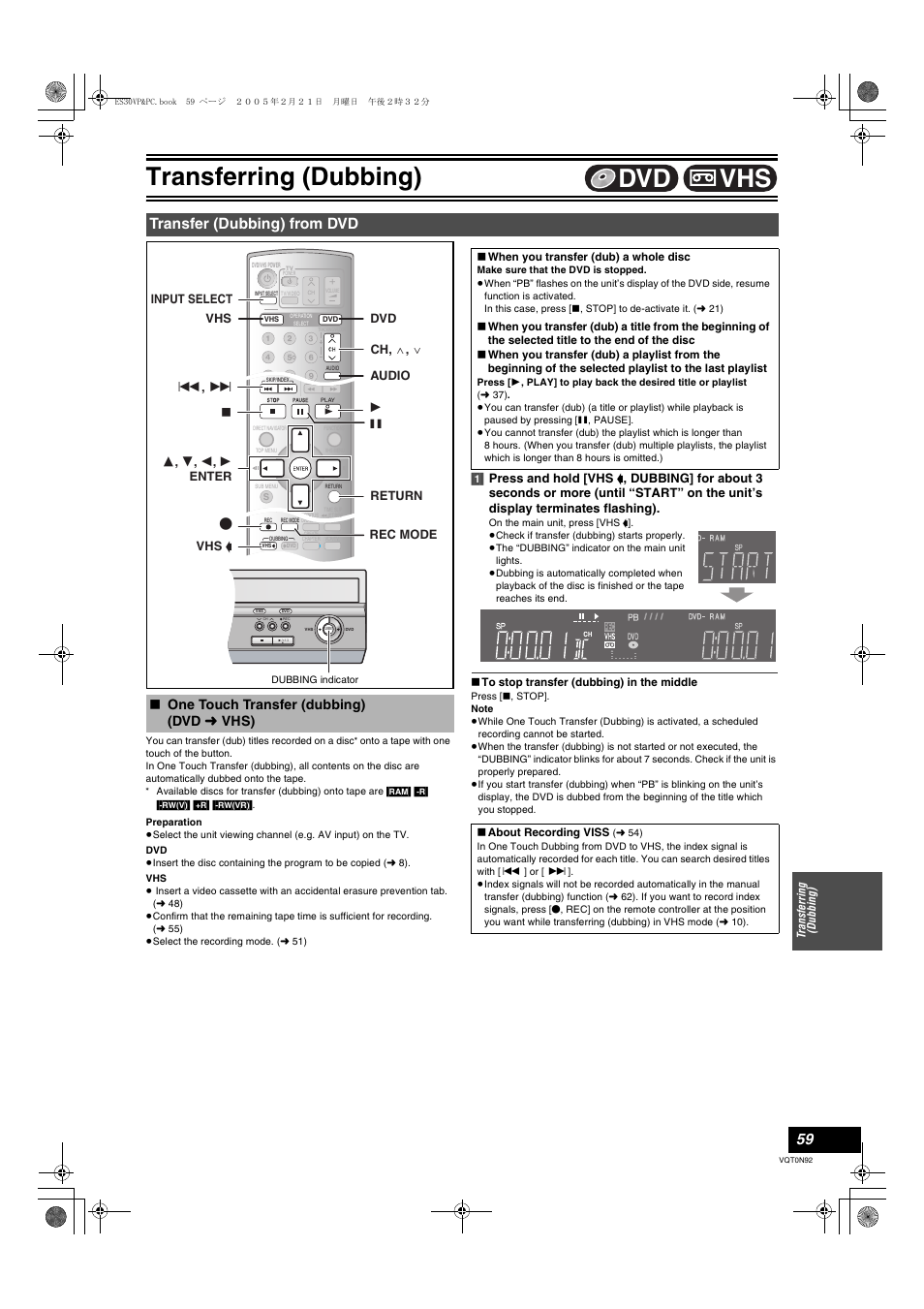 Transfer (dubbing) from dvd, One touch transfer (dubbing) (dvd, L 59 | L 59), Transferring (dubbing), Vhs dvd, One touch transfer (dubbing) (dvd l vhs) | Panasonic DMR-ES30V User Manual | Page 59 / 84