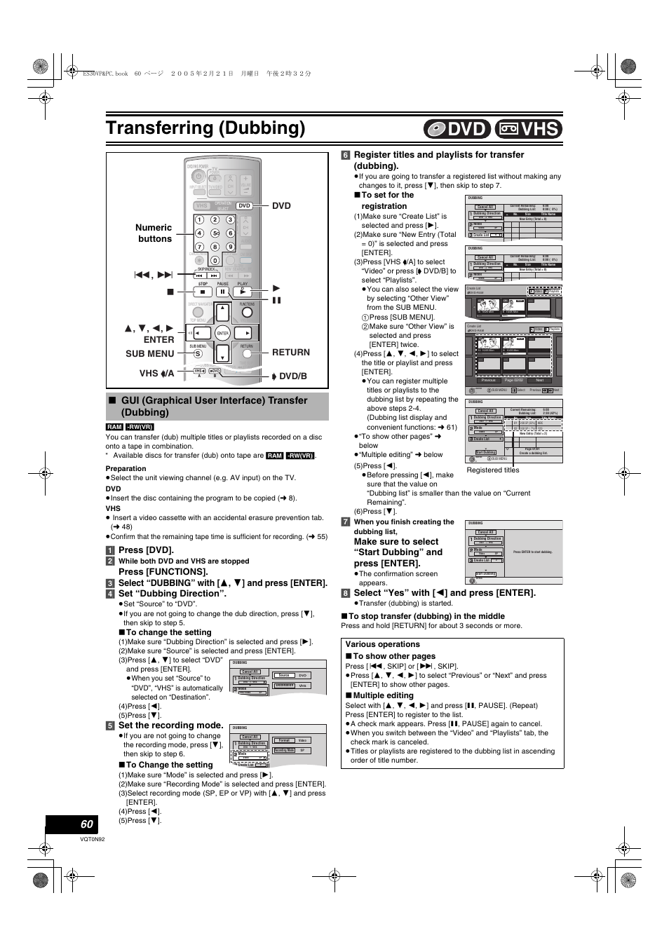 Gui (graphical user interface) transfer (dubbing), L 60, L 60) | Transferring (dubbing), Vhs dvd, 1] press [dvd]. [2, 5] set the recording mode, 8] select “yes” with [ 2 ] and press [enter, Numeric buttons, Various operations ∫ to show other pages | Panasonic DMR-ES30V User Manual | Page 60 / 84