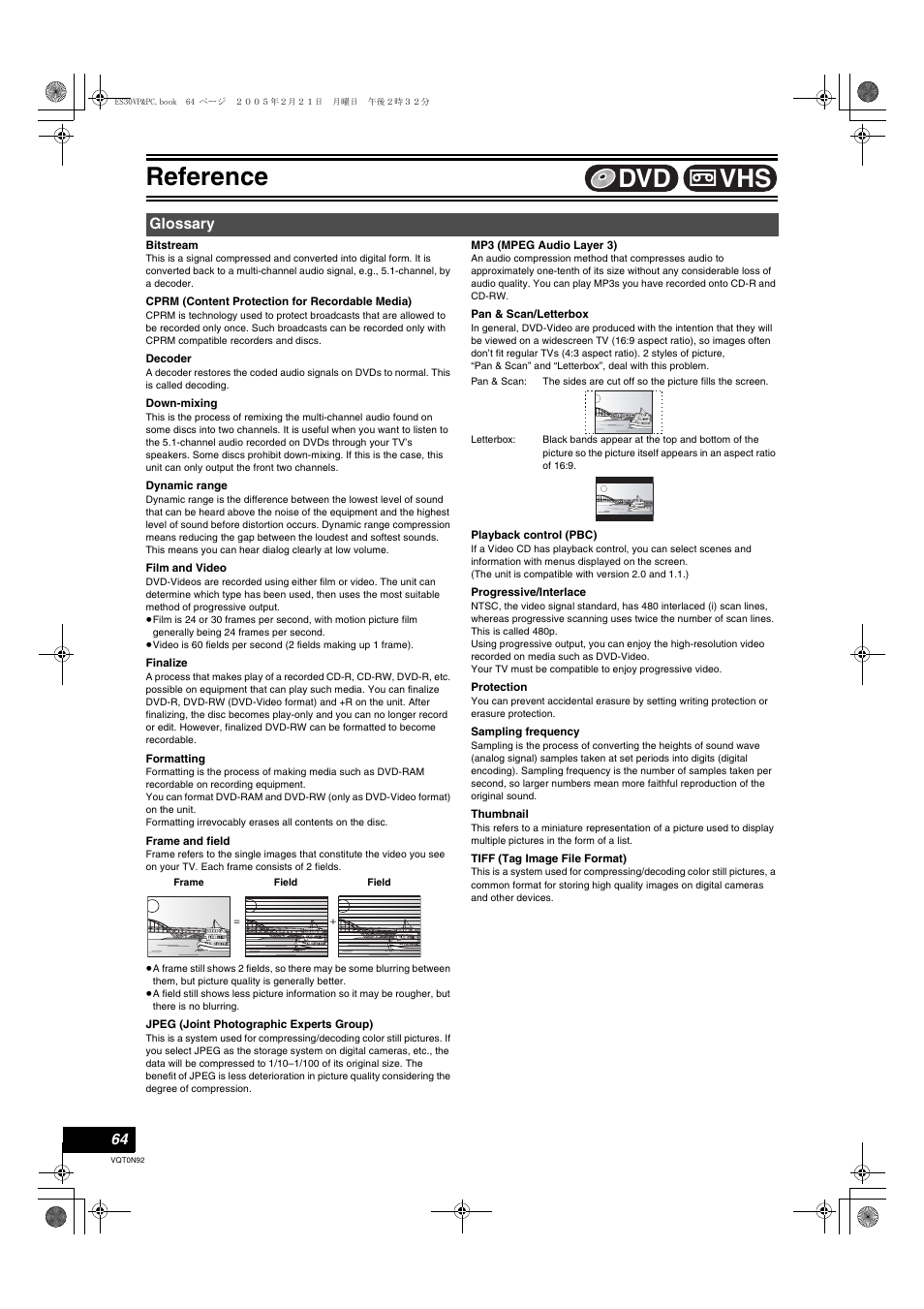 Reference, Glossary, L 64) | L 64, finalize), Nalized, L 64) on, L 64, Ng played, L 64, film and video), L 64, “frame and field | Panasonic DMR-ES30V User Manual | Page 64 / 84