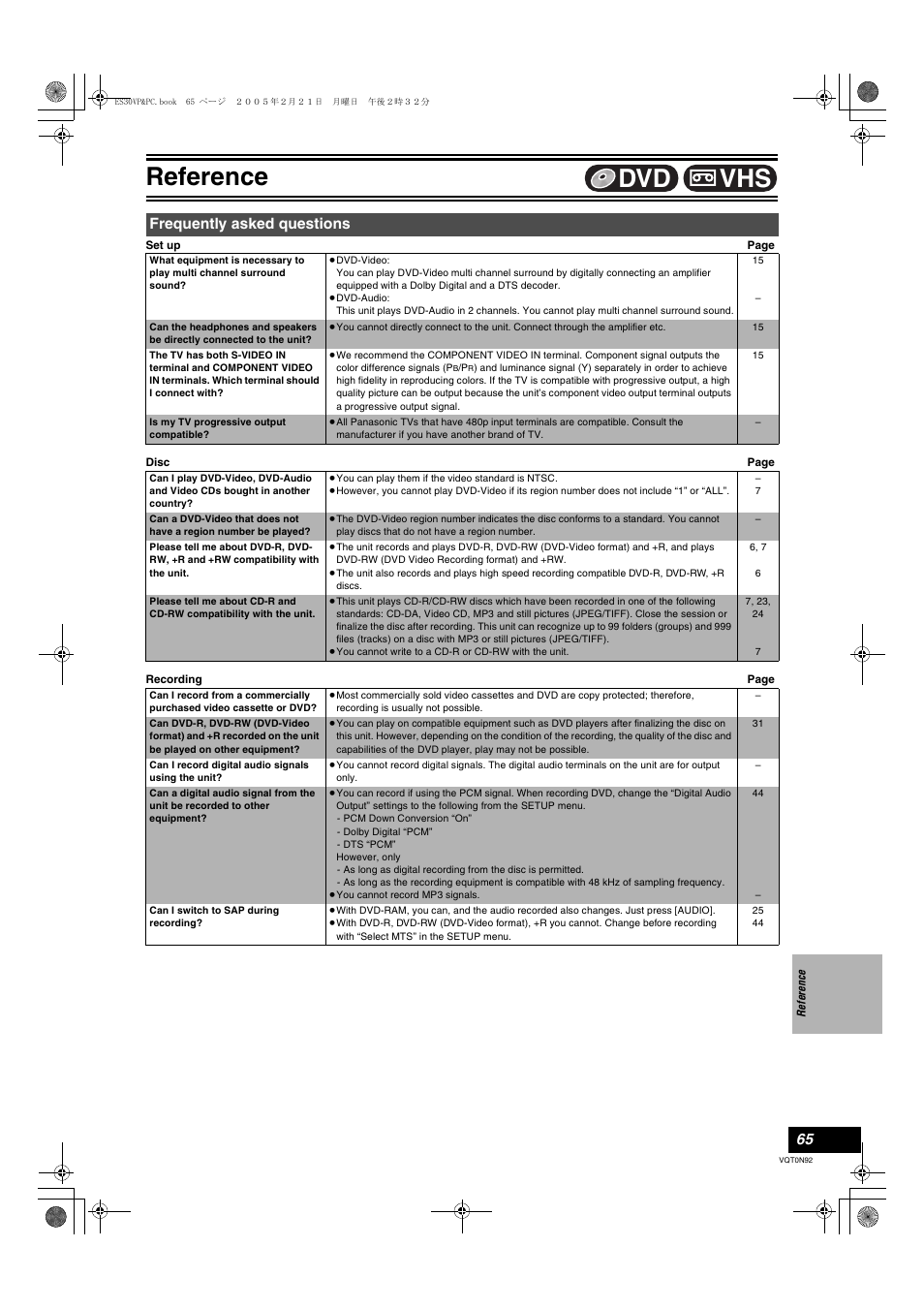 Frequently asked questions, Reference, Vhs dvd | Panasonic DMR-ES30V User Manual | Page 65 / 84