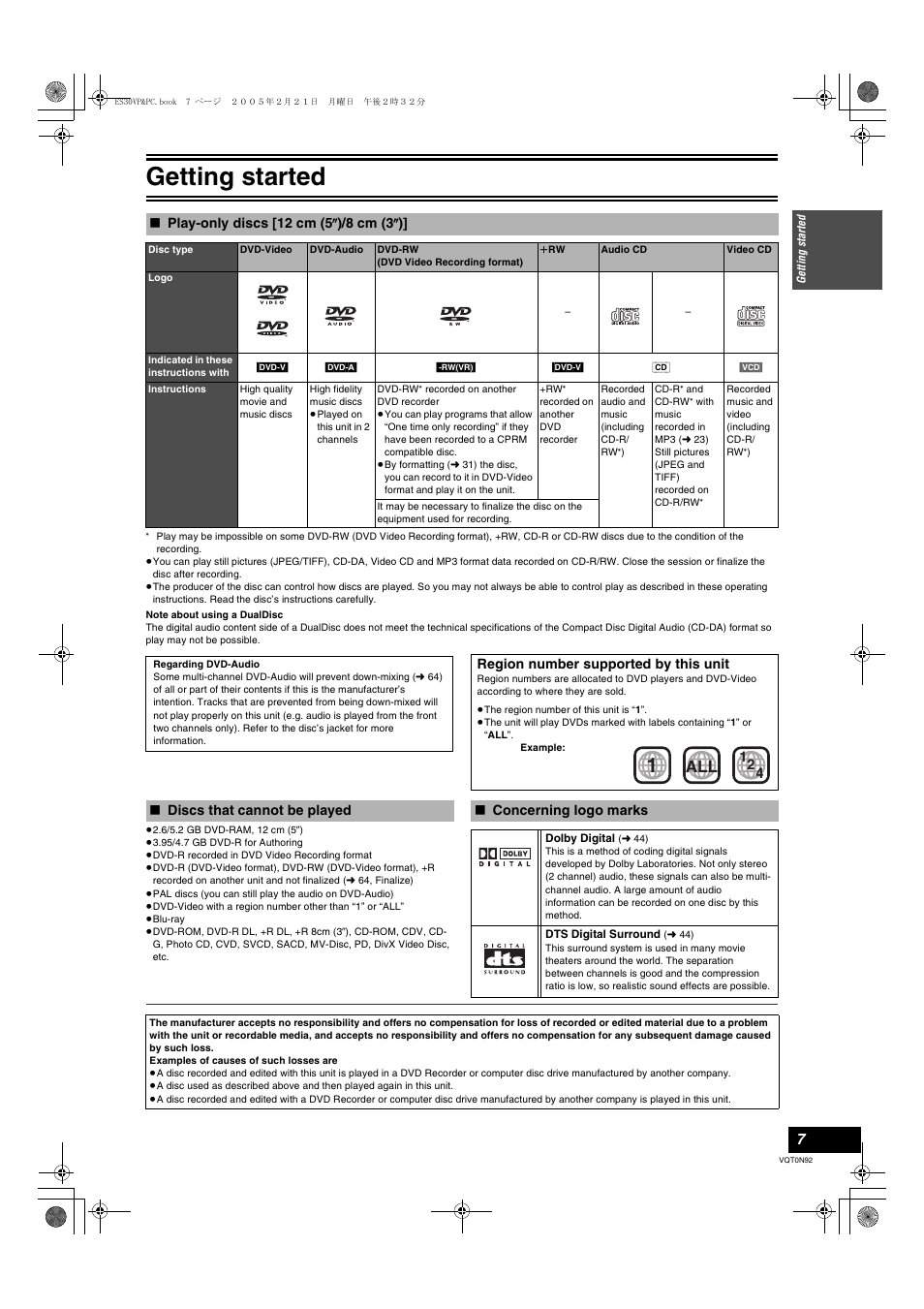 Play-only discs [12 cm (5, Discs that cannot be played ≥concerning logo marks, Getting started | Panasonic DMR-ES30V User Manual | Page 7 / 84