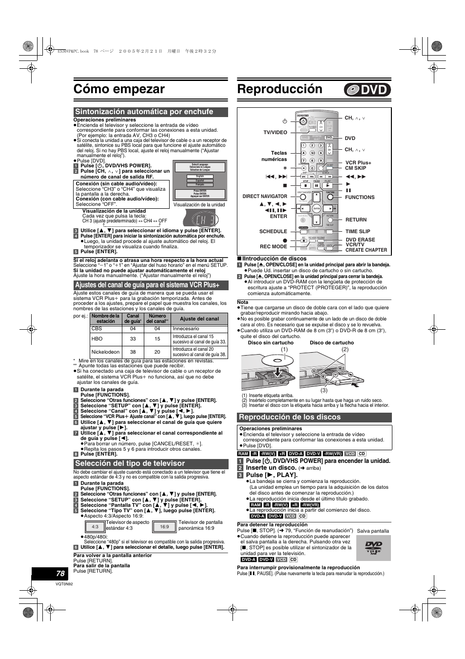 Sintonizacion automatica por enchufe, Ajustes del canal de guia para el sistema vcr plus, Seleccion del tipo de televisor | Reproduccion, Reproduccion de los discos, Reproducción, Reproducción de los discos, L 78), Cómo empezar, Sintonización automática por enchufe | Panasonic DMR-ES30V User Manual | Page 78 / 84