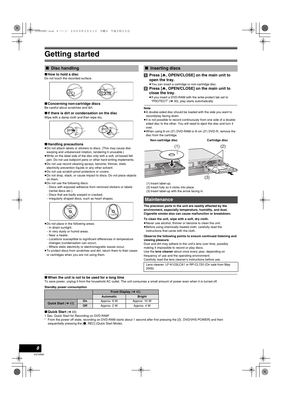 Maintenance, Disc handling ≥inserting discs, Getting started | Panasonic DMR-ES30V User Manual | Page 8 / 84