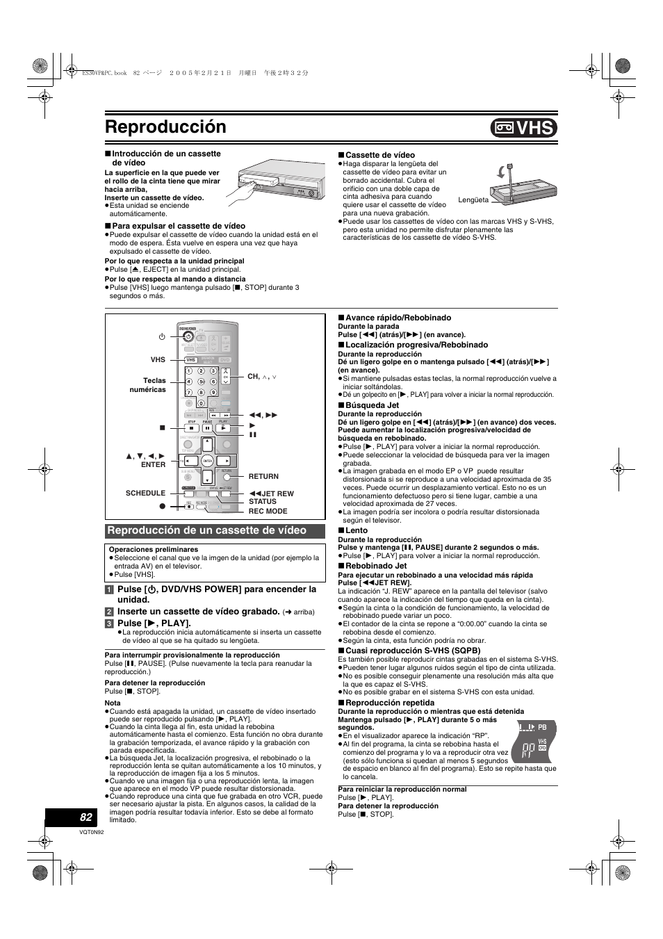 Reproduccion, Reproduccion de un cassette de video, Reproducción | Reproducción de un cassette de vídeo, 3] pulse [ 1 , play | Panasonic DMR-ES30V User Manual | Page 82 / 84