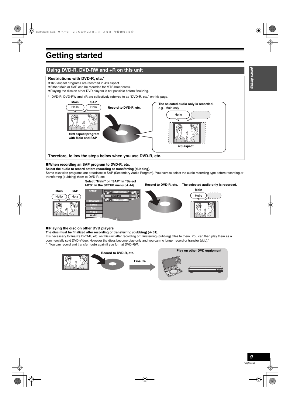 Using dvd-r, dvd-rw and +r on this unit, Getting started | Panasonic DMR-ES30V User Manual | Page 9 / 84