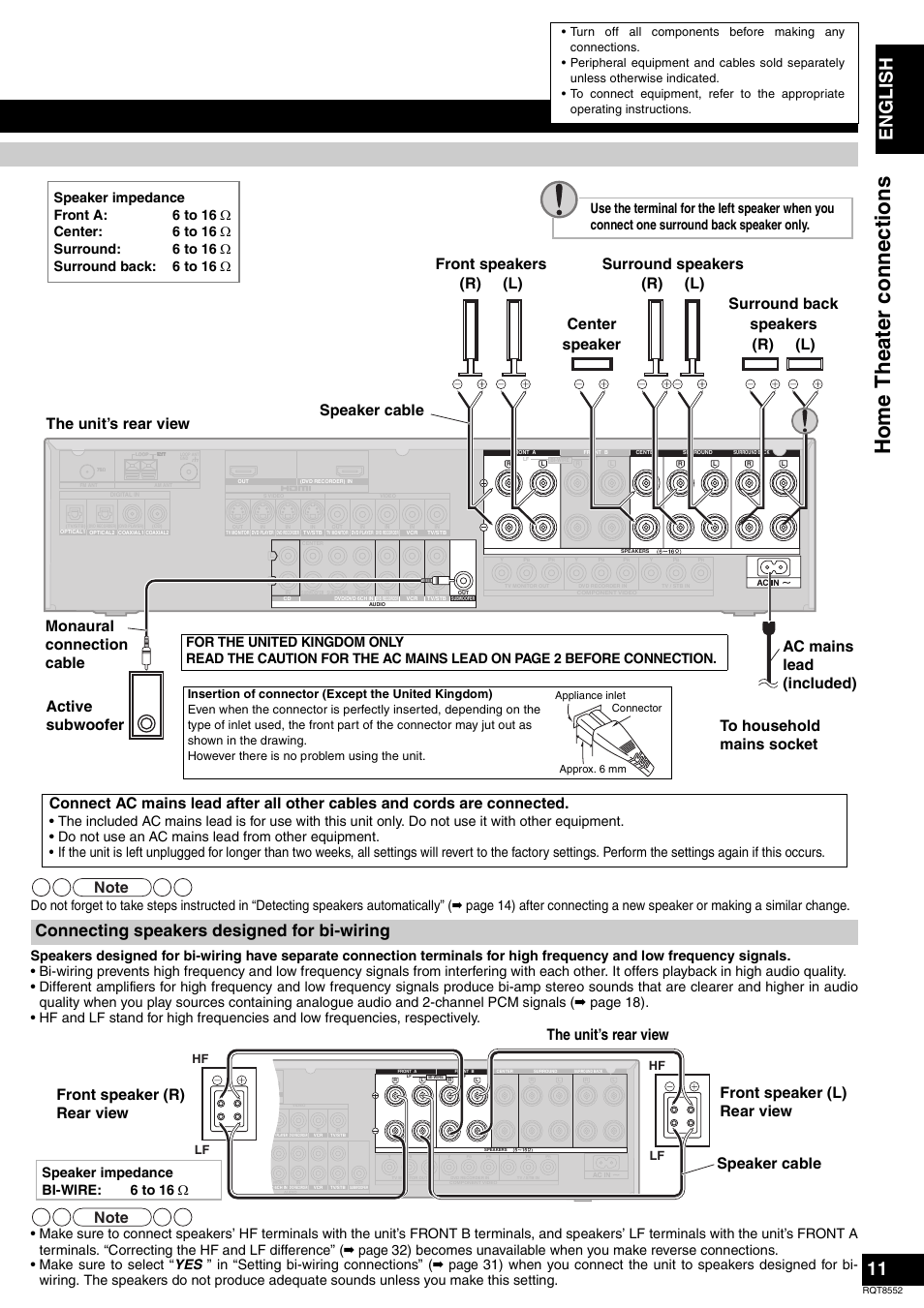 Hom e th ea ter connectio ns, En gl is h, Connecting speakers designed for bi-wiring | Ac mains lead (included), Speaker cable, Speaker impedance bi-wire: 6 to 16 ω, Hf lf lf | Panasonic Sa-xr57 User Manual | Page 11 / 40