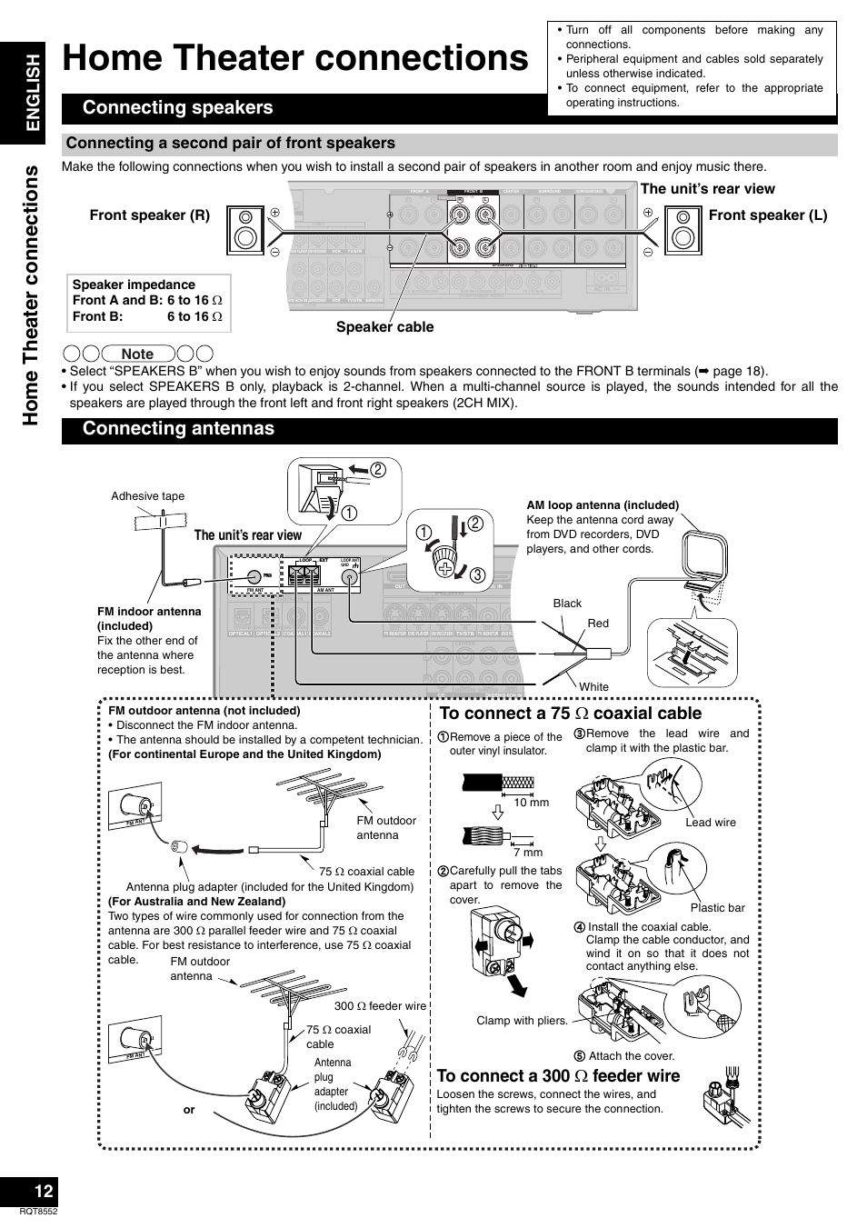 Home theater connections, Hom e th ea ter connectio ns, Connecting speakers | Connecting antennas, En gl is h, Connecting a second pair of front speakers, The unit’s rear view | Panasonic Sa-xr57 User Manual | Page 12 / 40