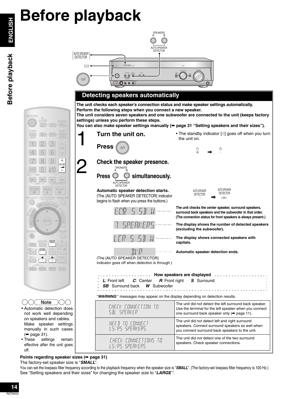 Before playback, Befor e pl ayback, Detecting speakers automatically | Turn the unit on. press, Check the speaker presence. press simultaneously, En gl is h | Panasonic Sa-xr57 User Manual | Page 14 / 40