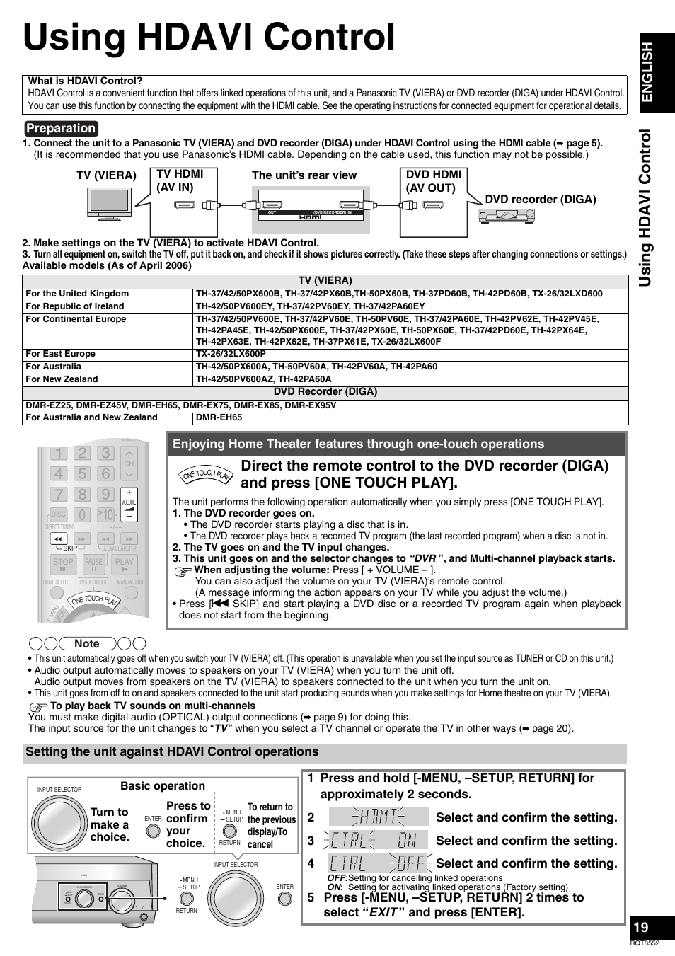 Using hdavi control, Using hdavi con trol, En gl is h | Panasonic Sa-xr57 User Manual | Page 19 / 40