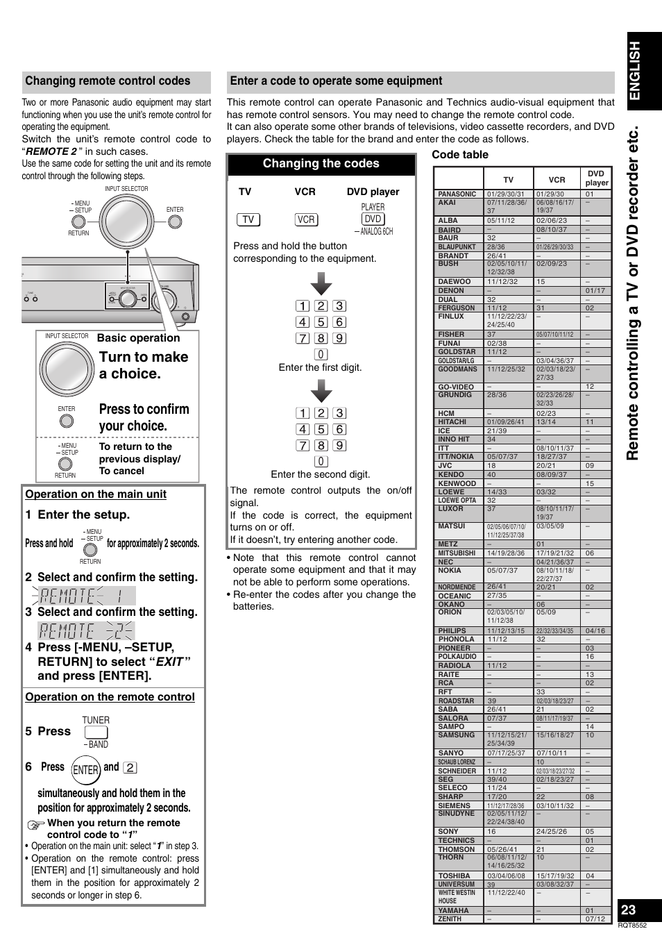 Remote contr o lli ng a tv or dvd re corder et c, Be fore u se, En gl is h | Changing remote control codes, Enter, Changing the codes, Enter a code to operate some equipment, Basic operation, Operation on the main unit, Operation on the remote control | Panasonic Sa-xr57 User Manual | Page 23 / 40