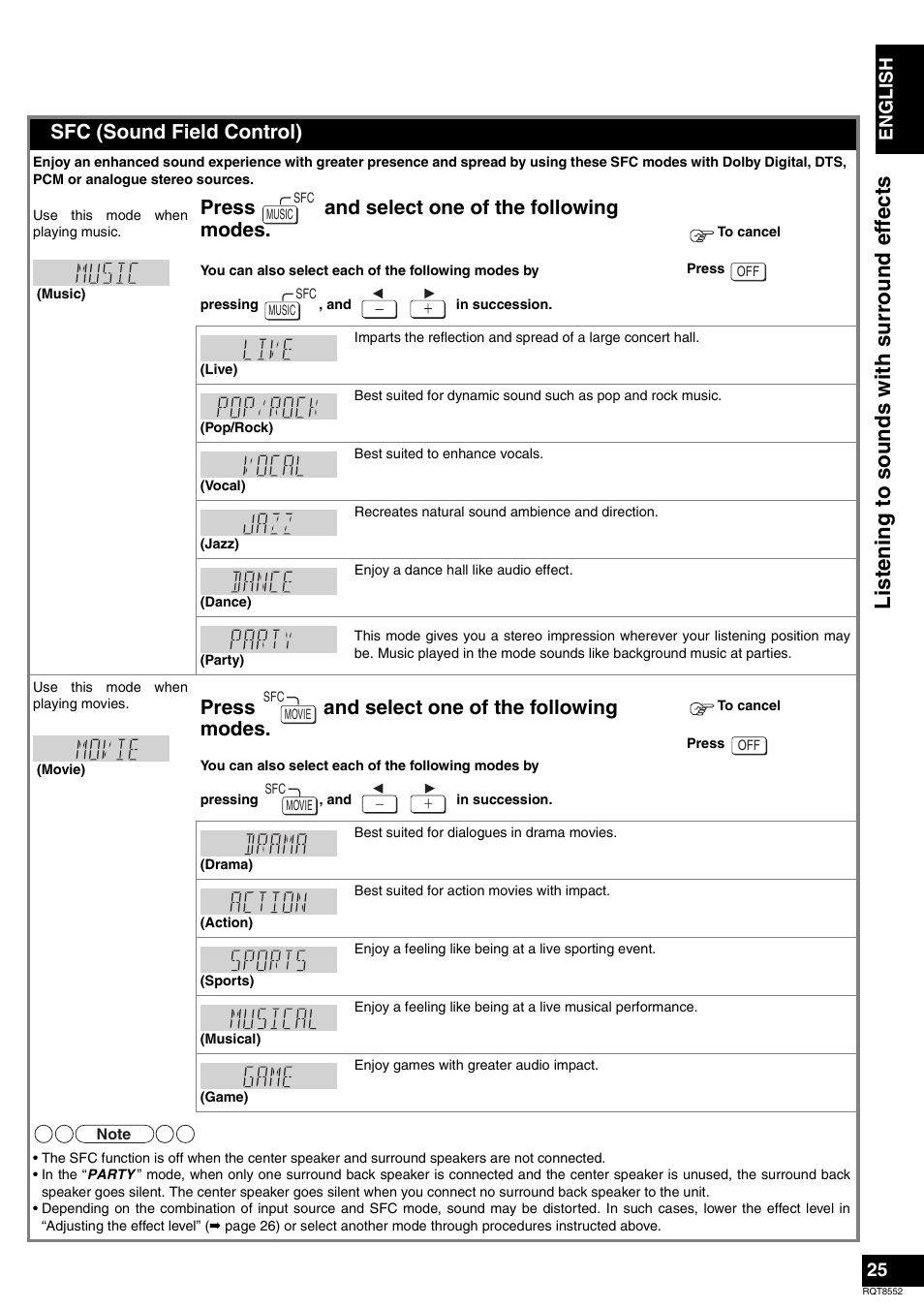 Listenin g to sound s w ith s u rro und ef fects, Sfc (sound field control), Press and select one of the following modes | Panasonic Sa-xr57 User Manual | Page 25 / 40