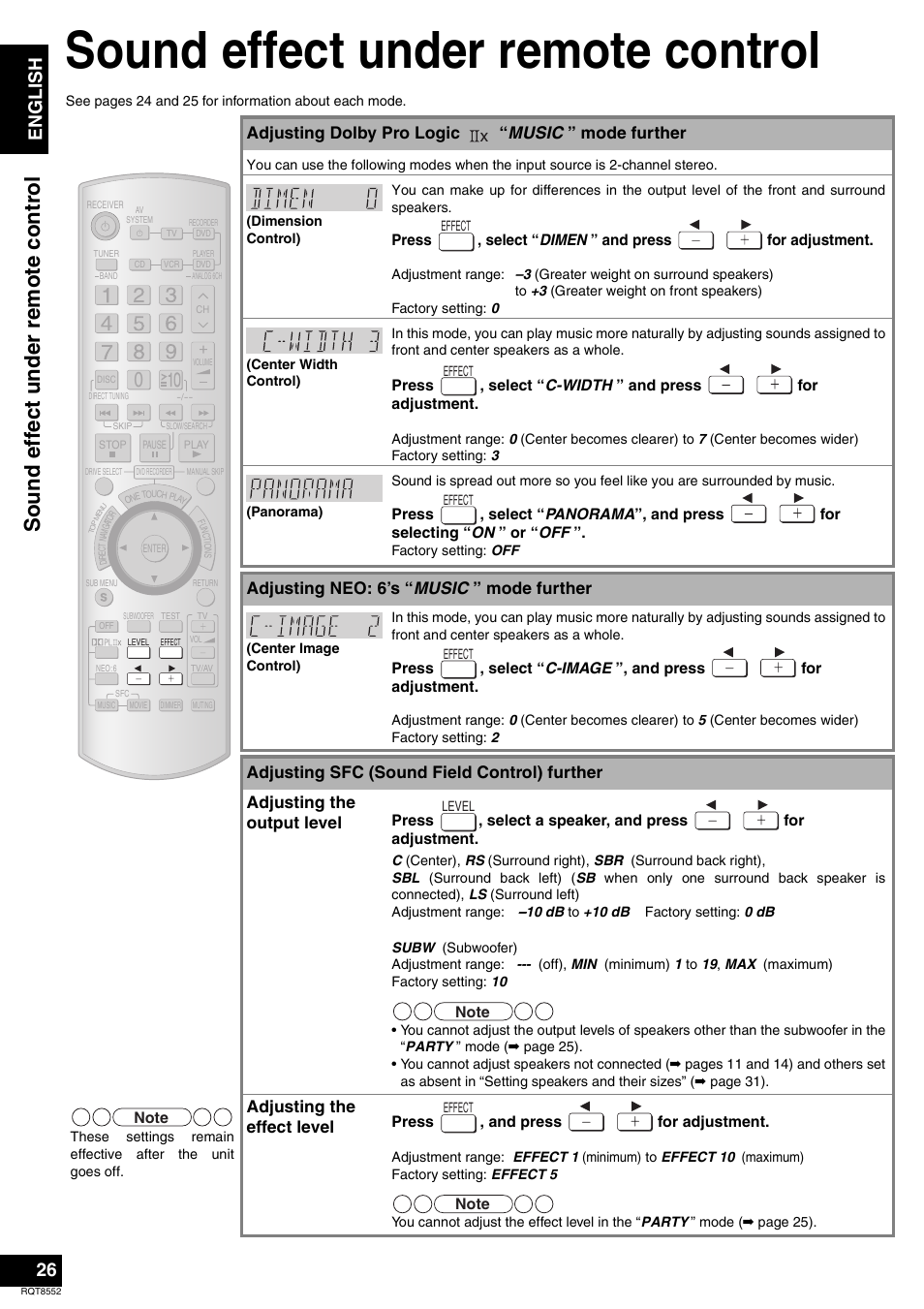Sound effect under remote control, Sou nd effect und er r em o te con trol, En gl is h | Adjusting dolby pro logic “ music ” mode further, Adjusting neo: 6’s “ music ” mode further, Adjusting the effect level | Panasonic Sa-xr57 User Manual | Page 26 / 40