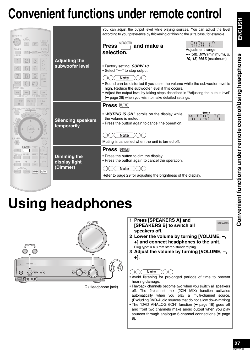 Press and make a selection, Press, Be fore u se | Engli s h, Adjusting the subwoofer level, Silencing speakers temporarily, Dimming the display light (dimmer), 3 adjust the volume by turning [volume | Panasonic Sa-xr57 User Manual | Page 27 / 40