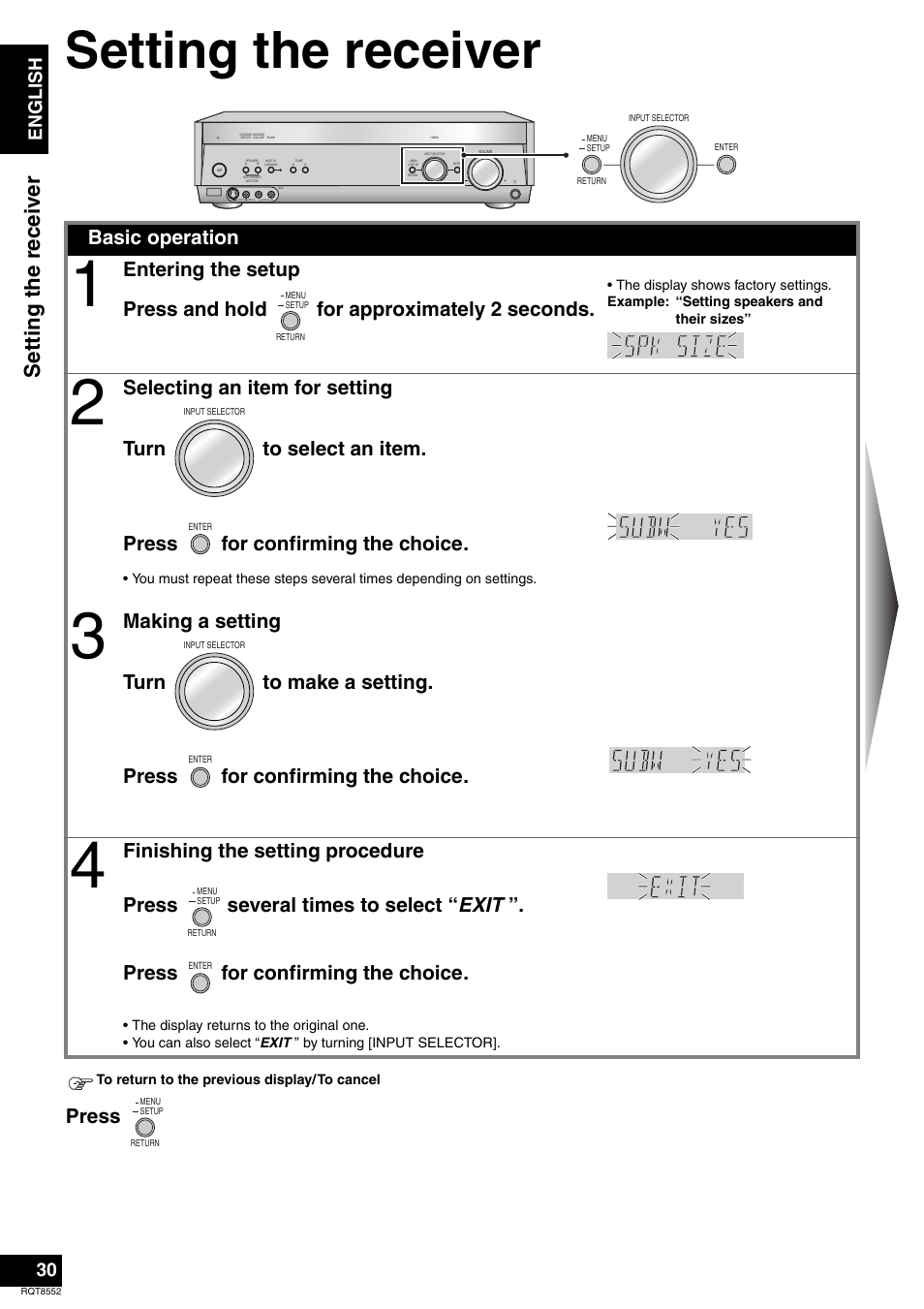Setting the receiver, Setti ng the re ceiv er, Press | Basic operation, En gl is h | Panasonic Sa-xr57 User Manual | Page 30 / 40