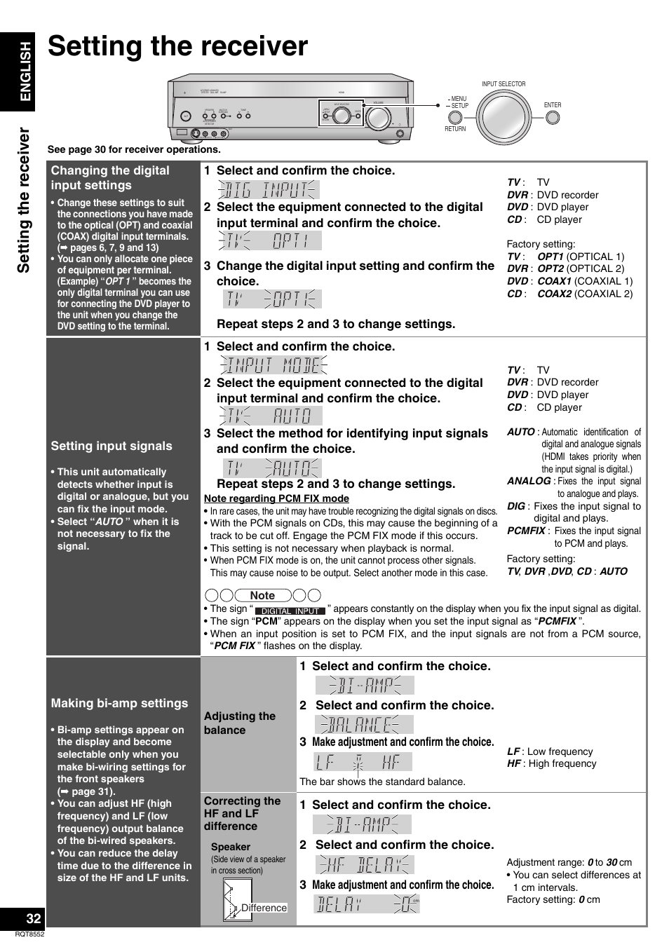 Setting the receiver, Setti ng the re ceiv er, En gl is h | Changing the digital input settings, Setting input signals, Making bi-amp settings | Panasonic Sa-xr57 User Manual | Page 32 / 40