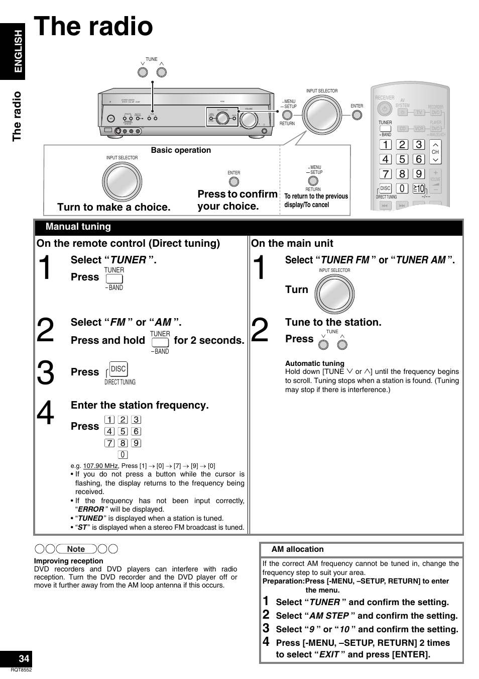 The radio, The r adio, Select “ tuner ”. press | Select “ tuner fm ” or “ tuner am ”. turn, Tune to the station. press, Press, Enter the station frequency. press, Manual tuning, En gl is h | Panasonic Sa-xr57 User Manual | Page 34 / 40