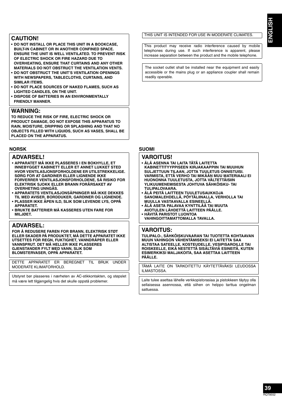 Be fore u se caution, Warning, Advarsel | Varoitus, En gl is h | Panasonic Sa-xr57 User Manual | Page 39 / 40