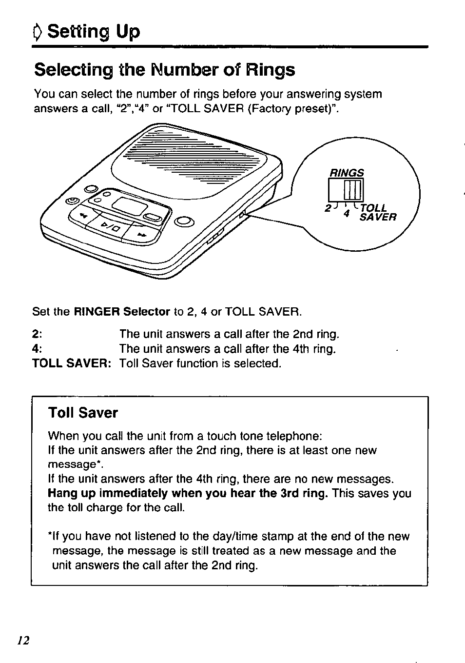 Selecting the number of rings, 0 setting up selecting the number of rings, Toll saver | Panasonic KX-TM90-B User Manual | Page 12 / 36