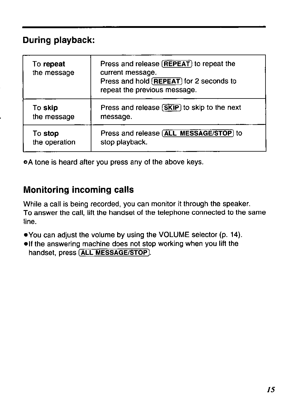 During playback, Monitoring incoming calls | Panasonic KX-TM90-B User Manual | Page 15 / 36