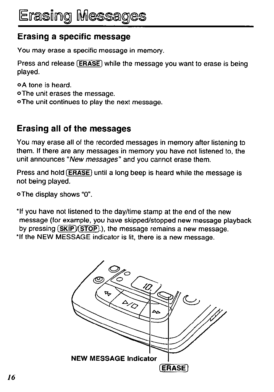 Erasing a specific message, Erasing ail of the messages | Panasonic KX-TM90-B User Manual | Page 16 / 36