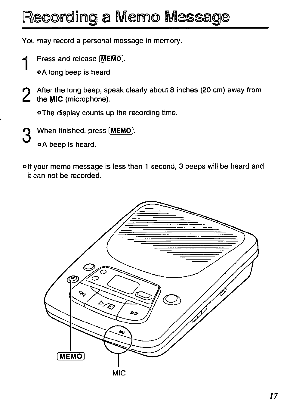 Kecordiing a ^©m© iviessag | Panasonic KX-TM90-B User Manual | Page 17 / 36