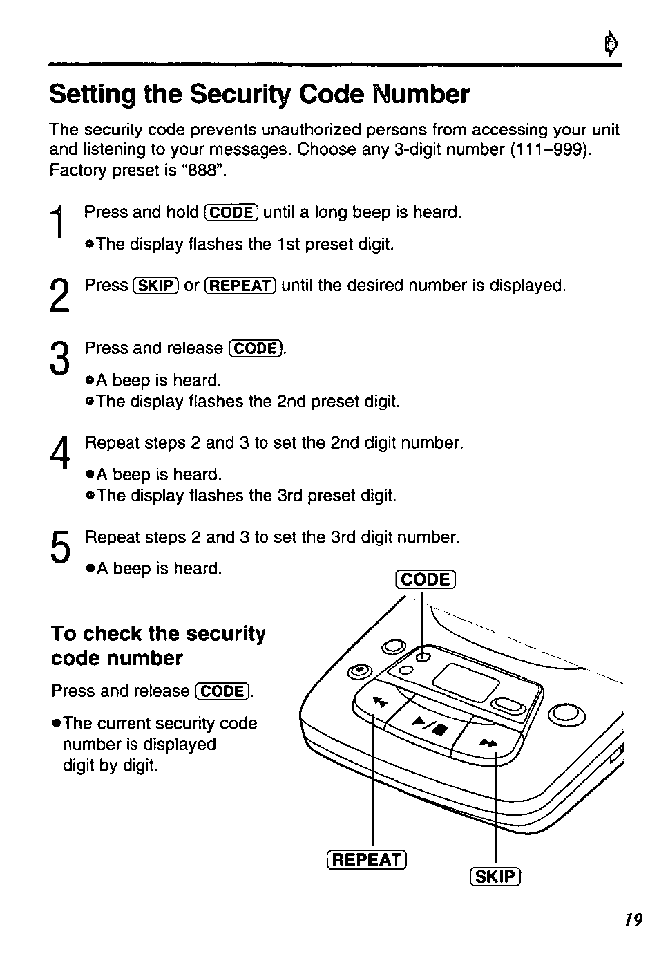 Setting the security code number | Panasonic KX-TM90-B User Manual | Page 19 / 36