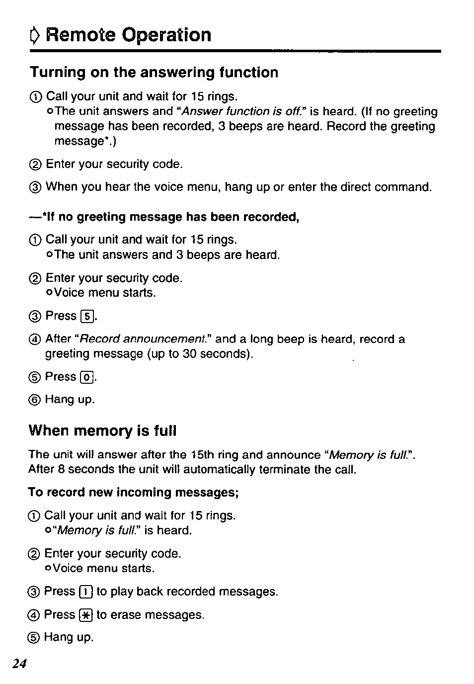 Remote operation, Turning on the answering function | Panasonic KX-TM90-B User Manual | Page 24 / 36