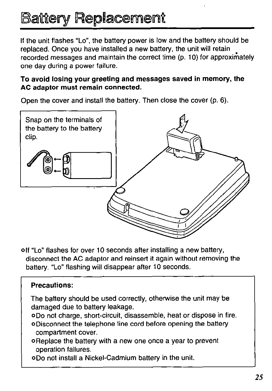 Iattery repsacemeot | Panasonic KX-TM90-B User Manual | Page 25 / 36