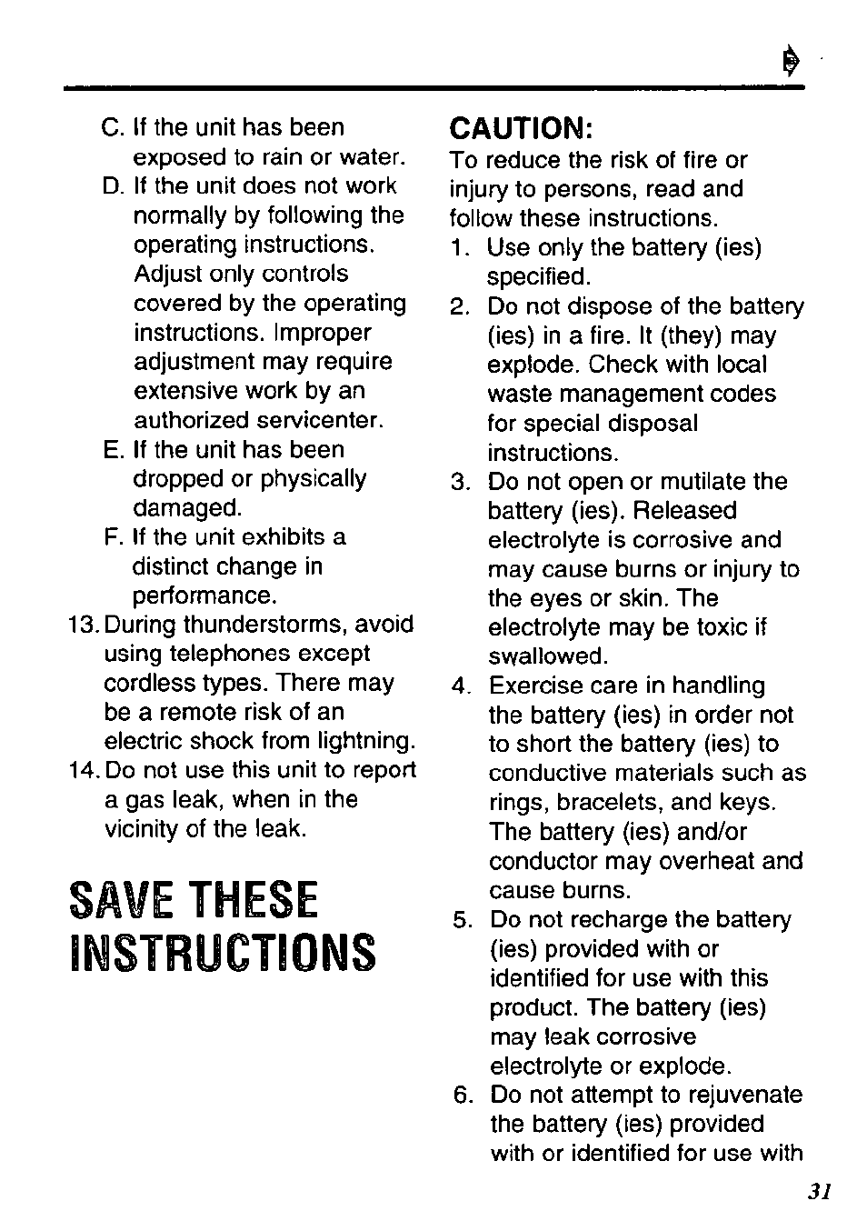 Caution, Save these instructions | Panasonic KX-TM90-B User Manual | Page 31 / 36