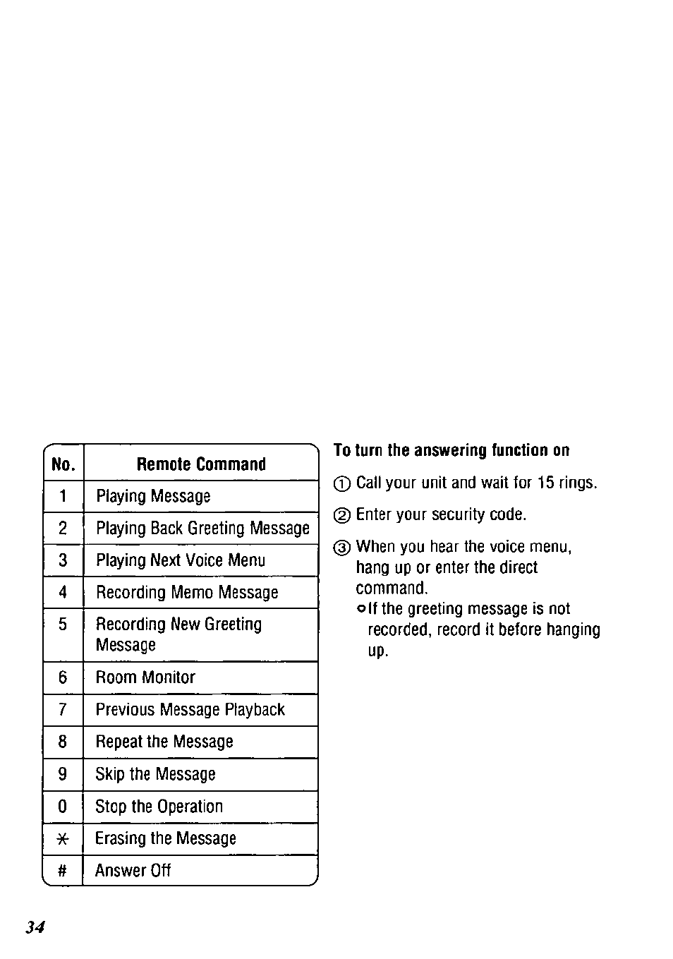 To turn the answering function on | Panasonic KX-TM90-B User Manual | Page 34 / 36