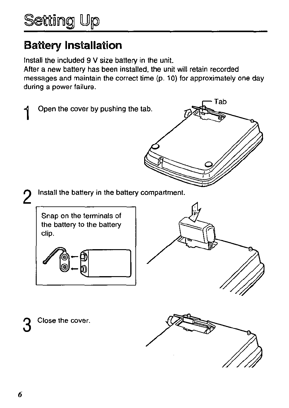 Ettiog up, Battery installation | Panasonic KX-TM90-B User Manual | Page 6 / 36