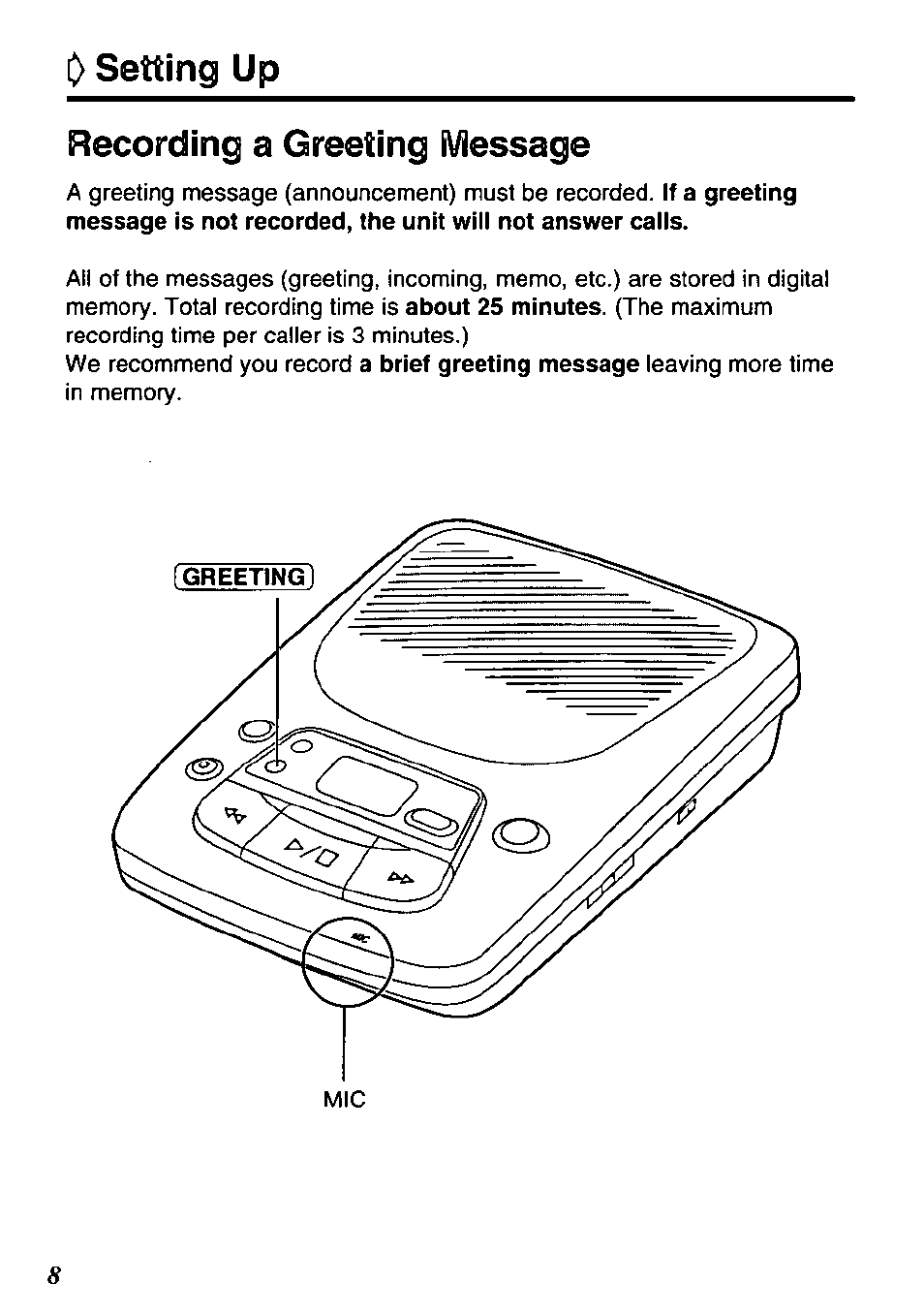 Recording a greeting message, I) setting up | Panasonic KX-TM90-B User Manual | Page 8 / 36