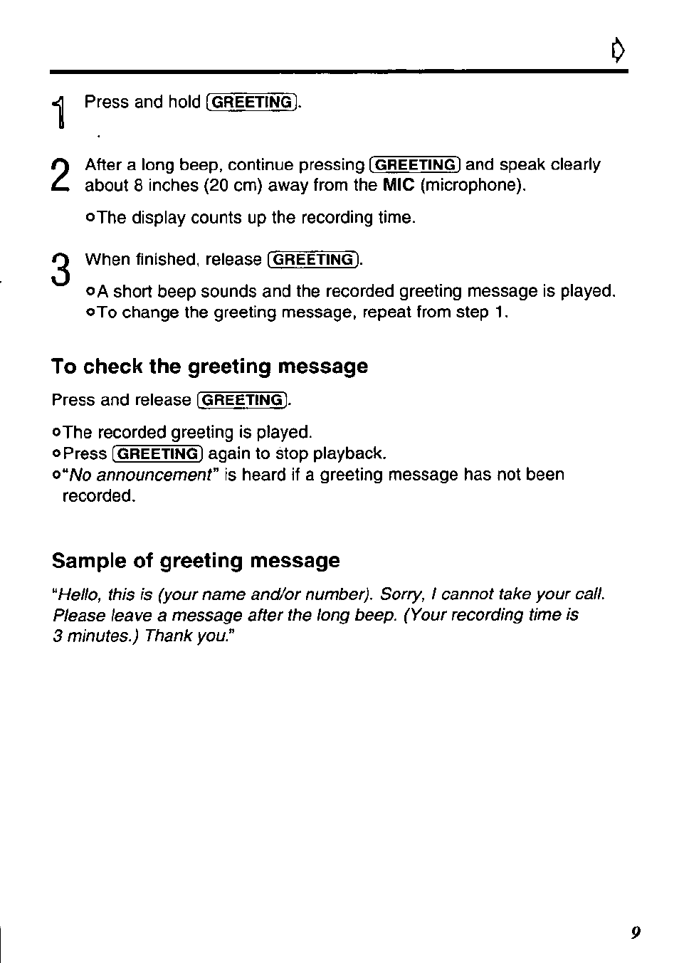 Sample of greeting message | Panasonic KX-TM90-B User Manual | Page 9 / 36