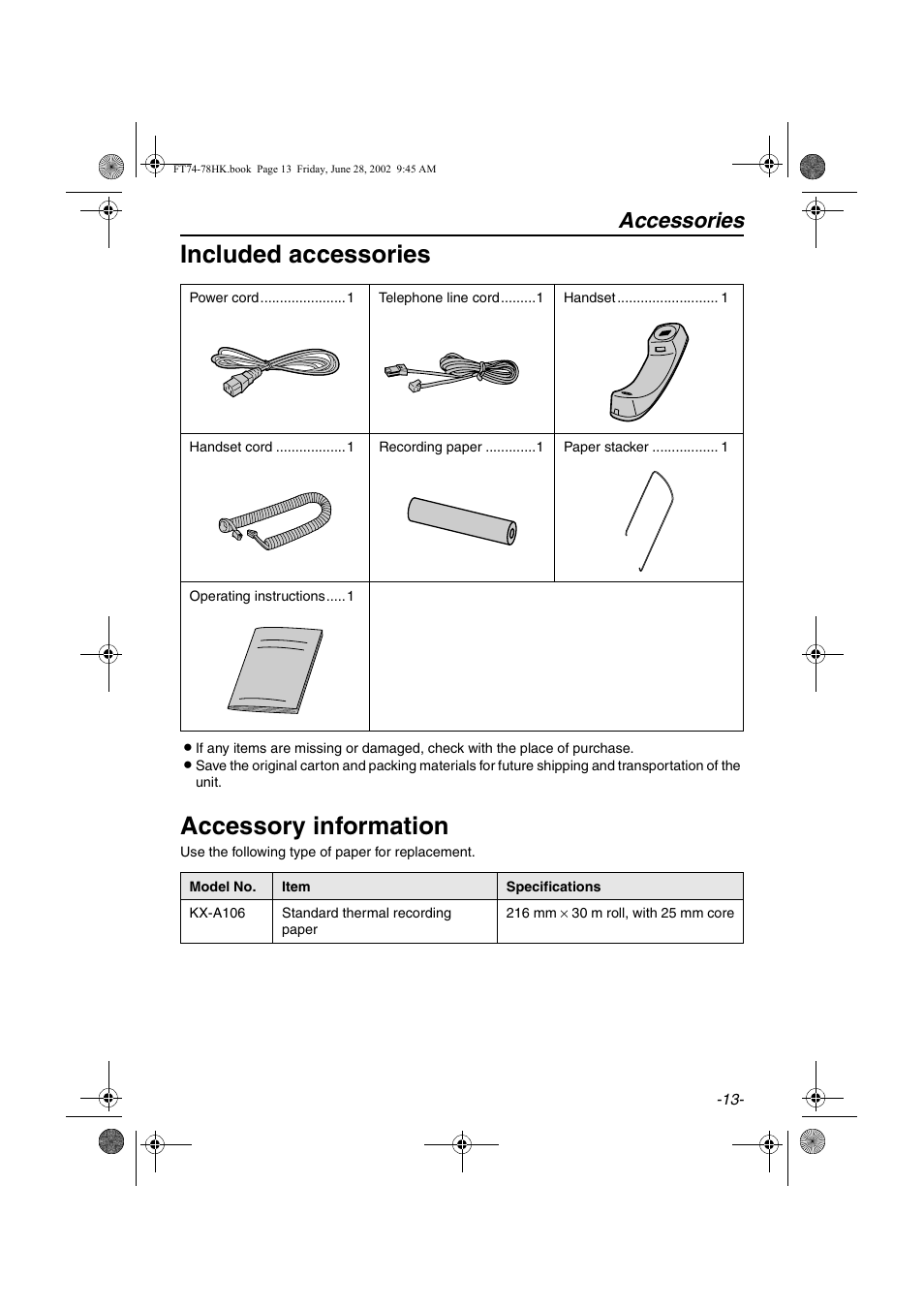 Included accessories, Accessory information, Accessories | Panasonic KX-FT78HK User Manual | Page 13 / 94