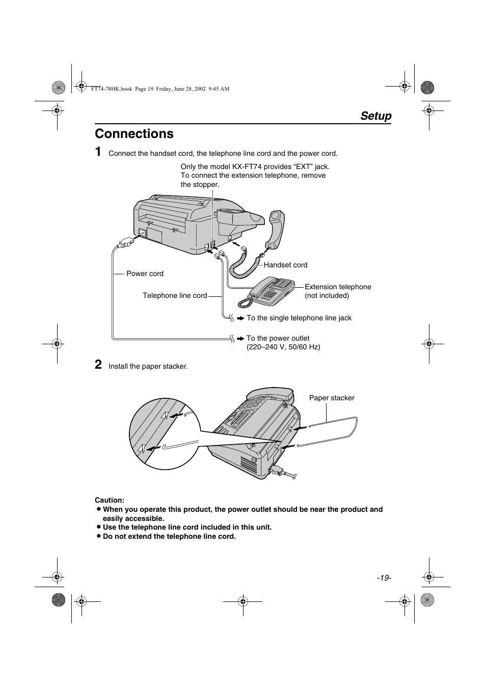 Connections 1, Setup | Panasonic KX-FT78HK User Manual | Page 19 / 94