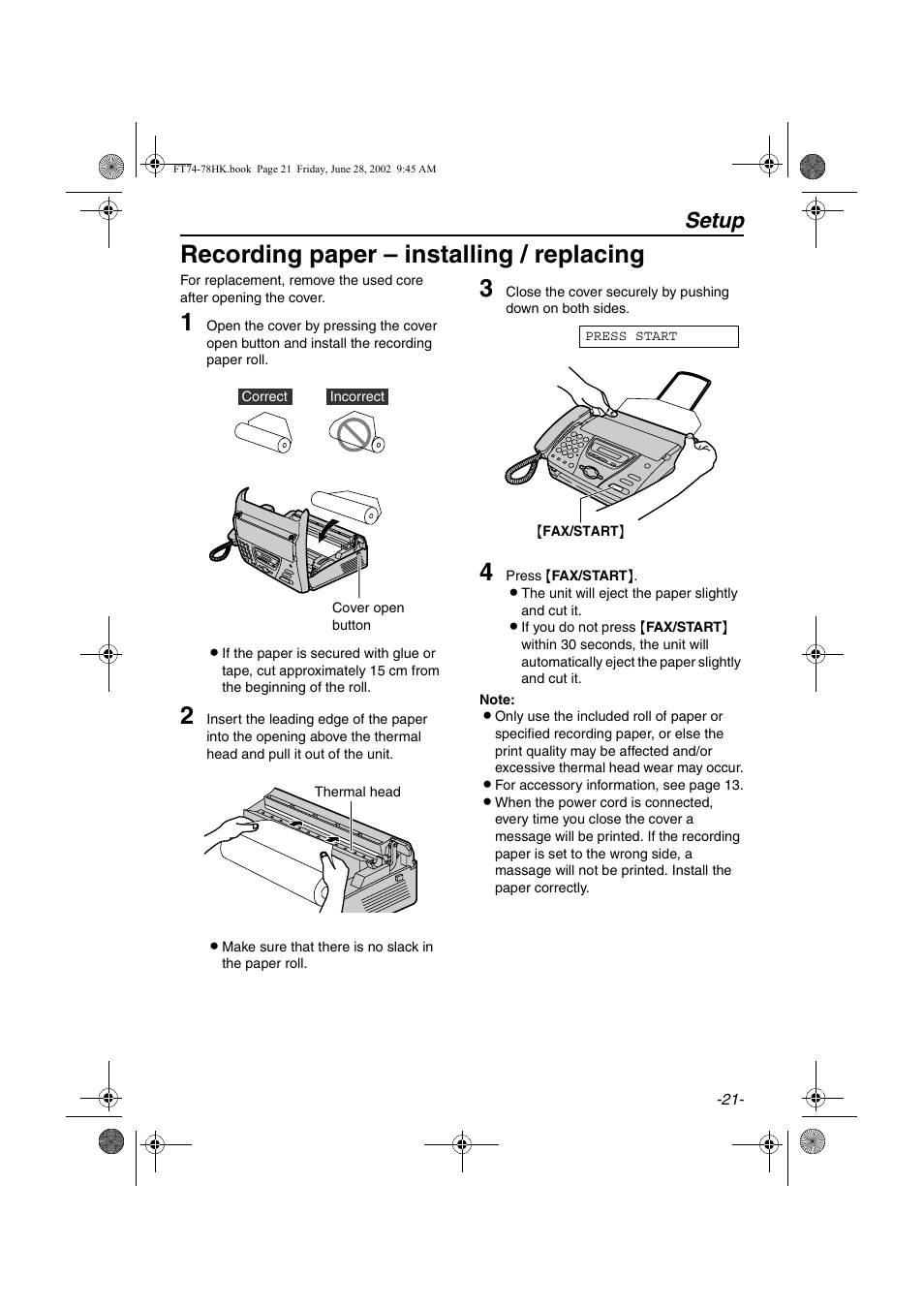 Recording paper – installing / replacing, Setup | Panasonic KX-FT78HK User Manual | Page 21 / 94