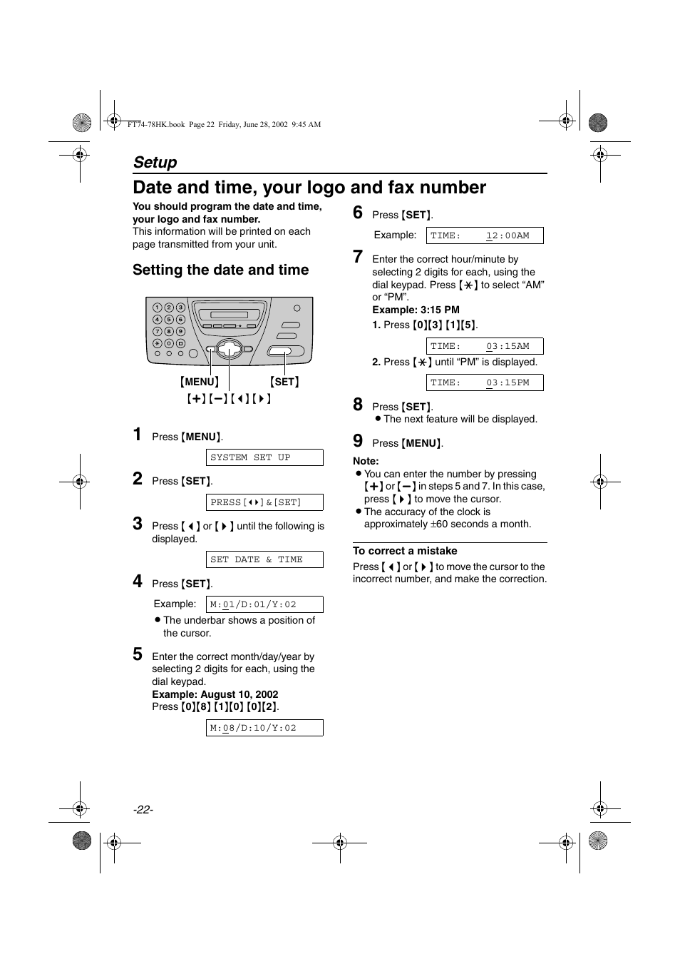 Date and time, your logo and fax number, Setup, Setting the date and time | Panasonic KX-FT78HK User Manual | Page 22 / 94