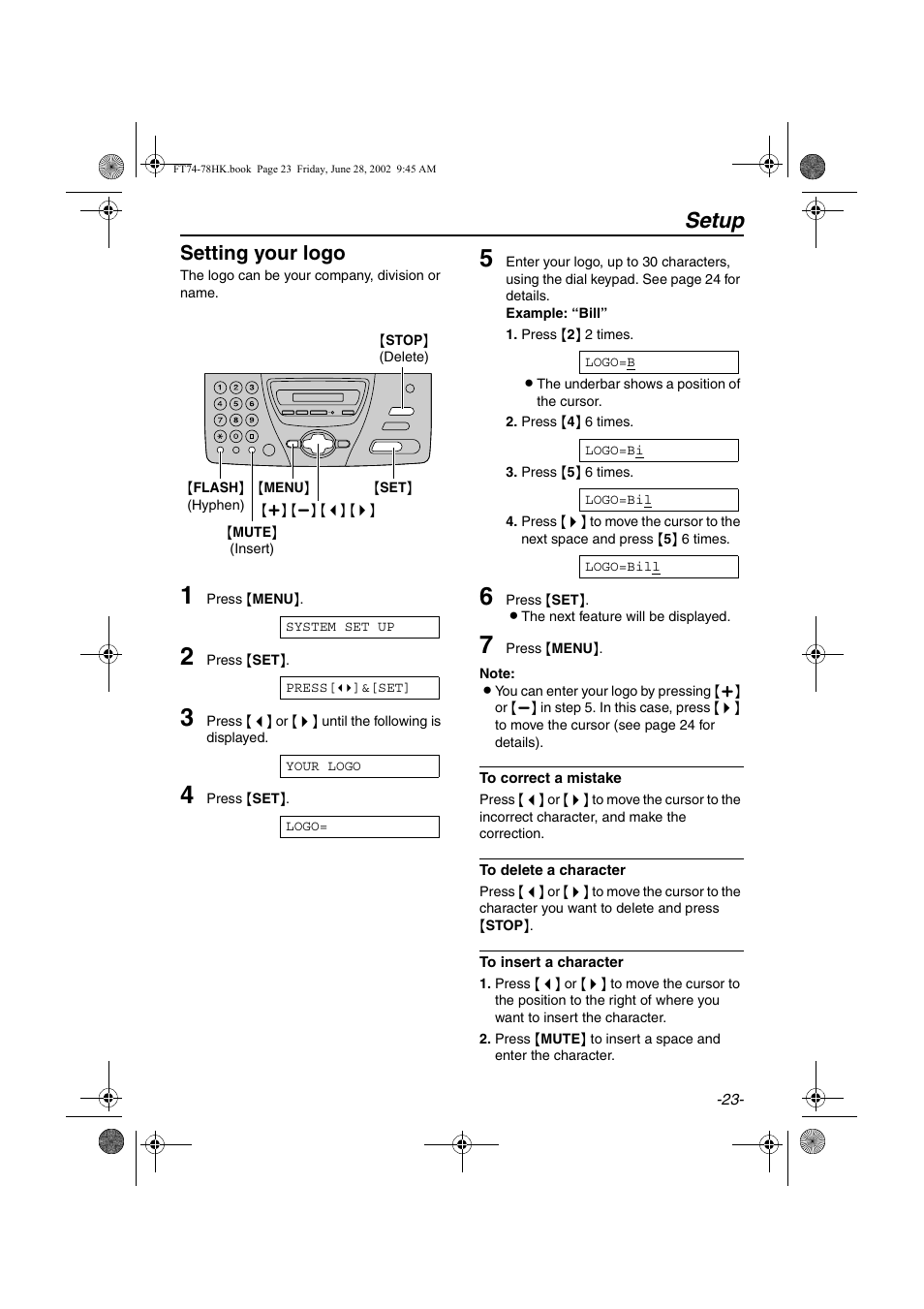 Setup, Setting your logo | Panasonic KX-FT78HK User Manual | Page 23 / 94