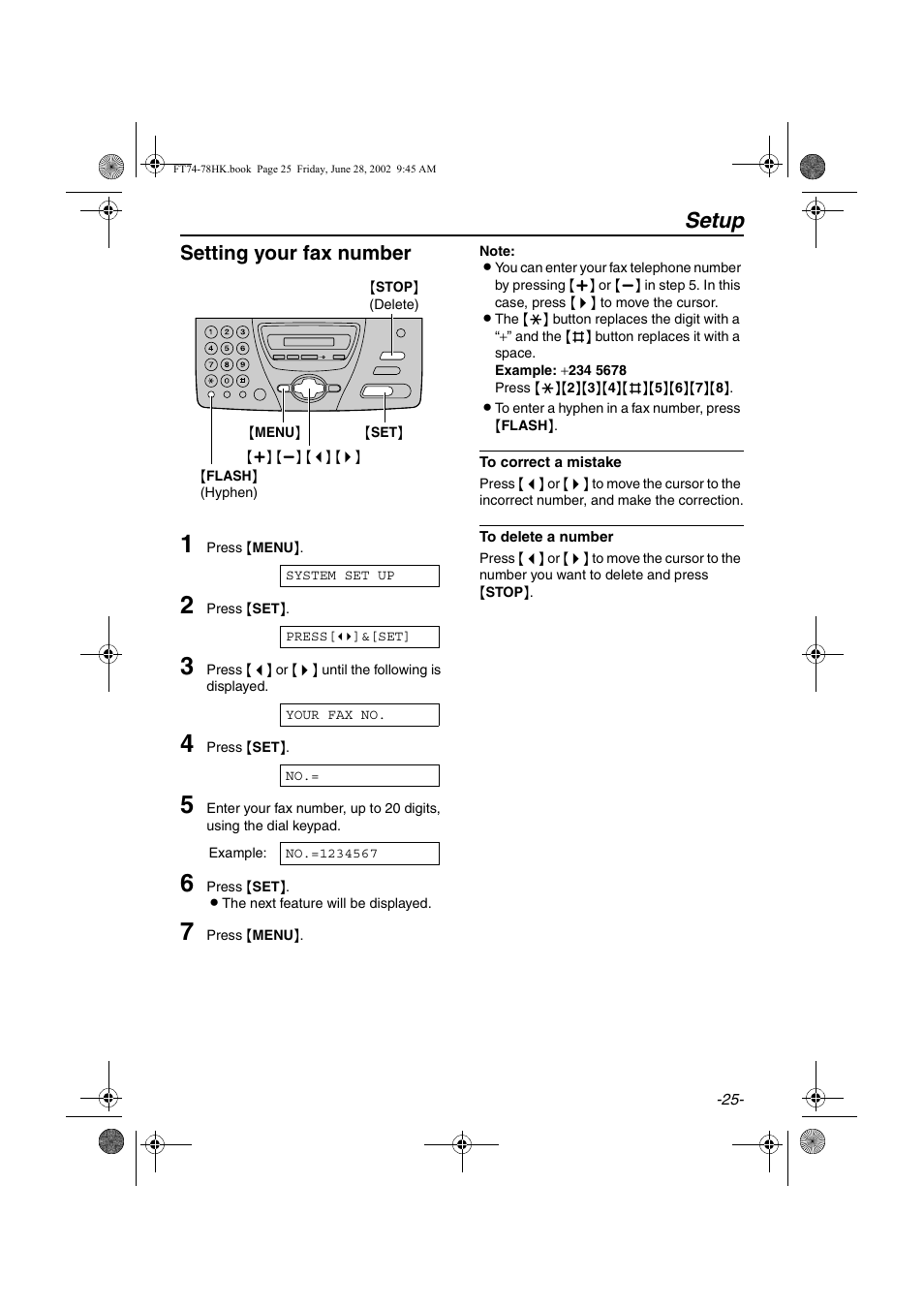 Setup, Setting your fax number | Panasonic KX-FT78HK User Manual | Page 25 / 94