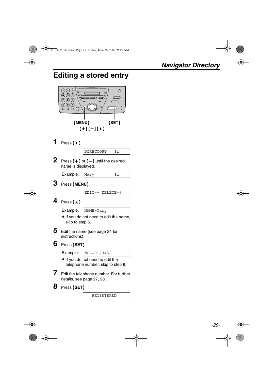 Editing a stored entry 1, Navigator directory | Panasonic KX-FT78HK User Manual | Page 29 / 94