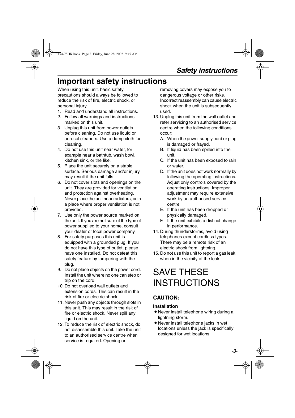 Save these instructions, Important safety instructions, Safety instructions | Panasonic KX-FT78HK User Manual | Page 3 / 94