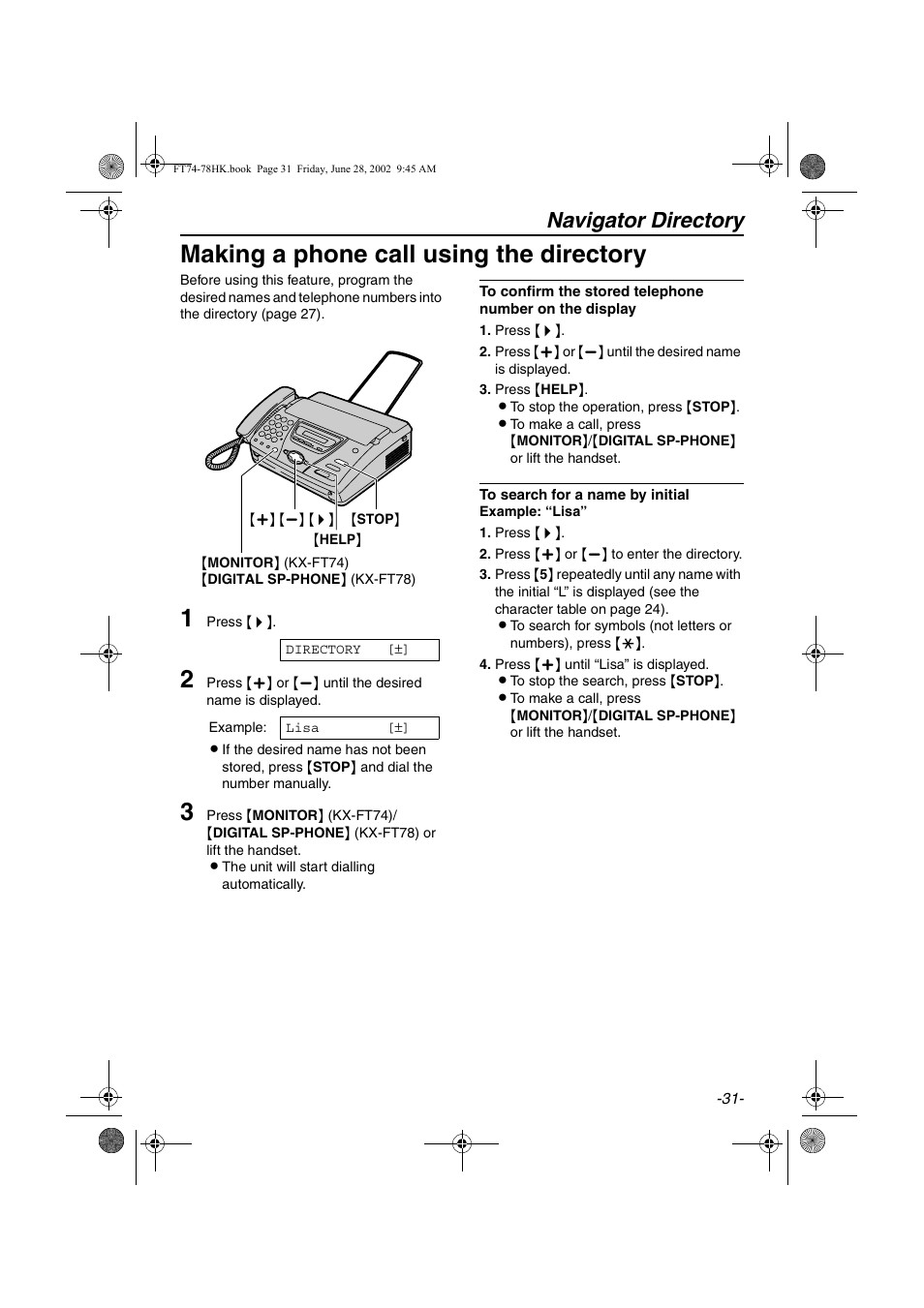 Making a phone call using the directory, Navigator directory | Panasonic KX-FT78HK User Manual | Page 31 / 94